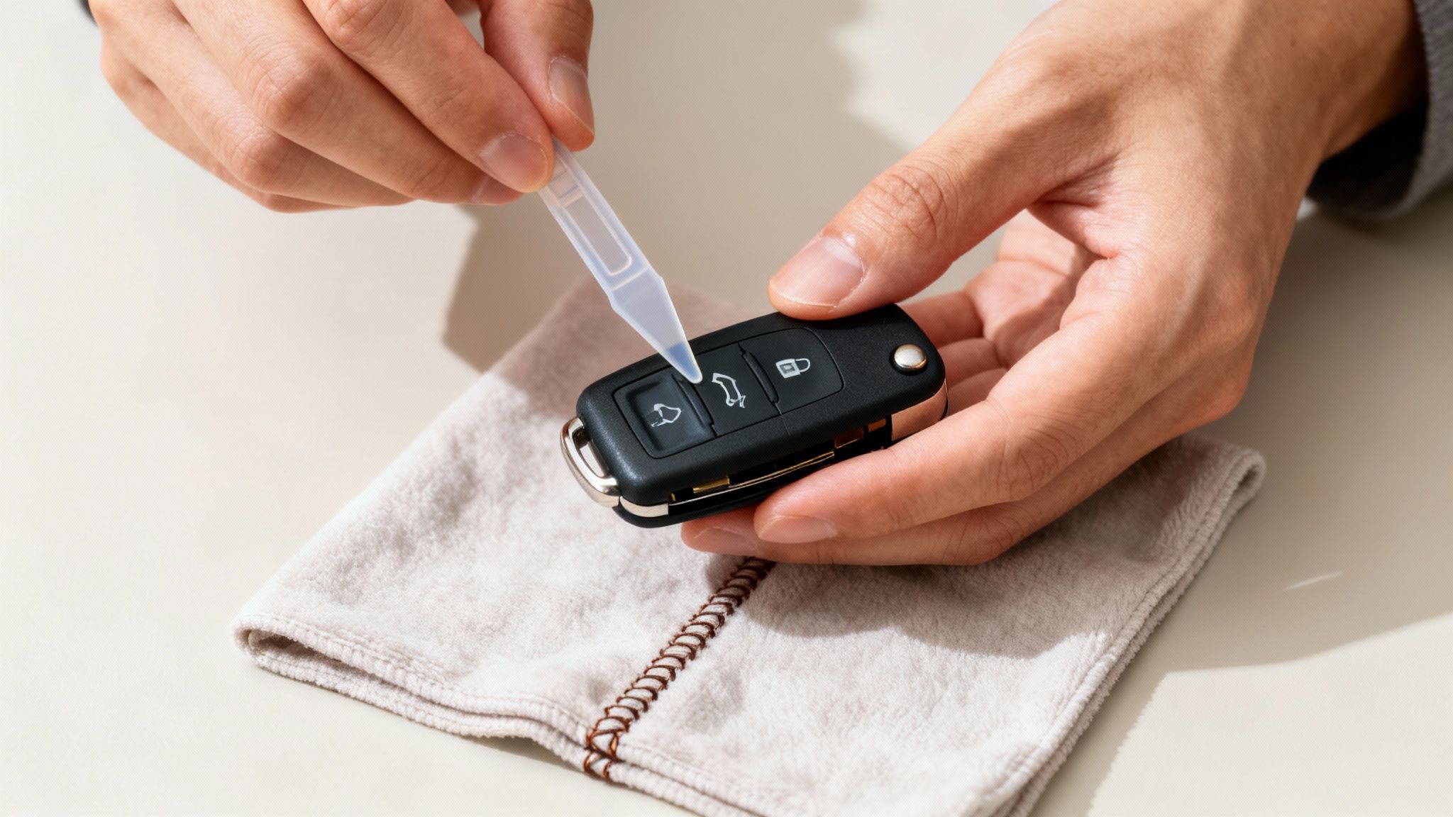 Close-up of hands applying liquid to a car key fob with a dropper on a light-colored cloth.