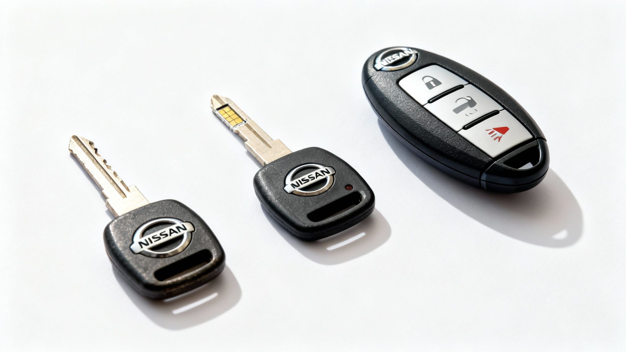 Three Nissan car keys displayed on a white surface, showing different key styles and a smart fob.