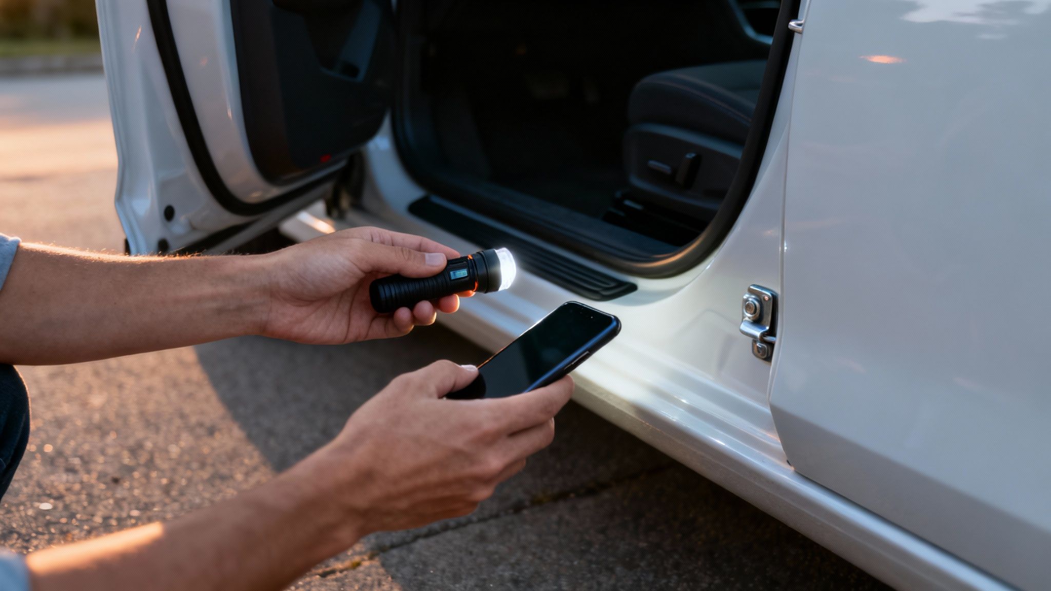 Man uses a flashlight and smartphone to inspect an open car door at dusk.