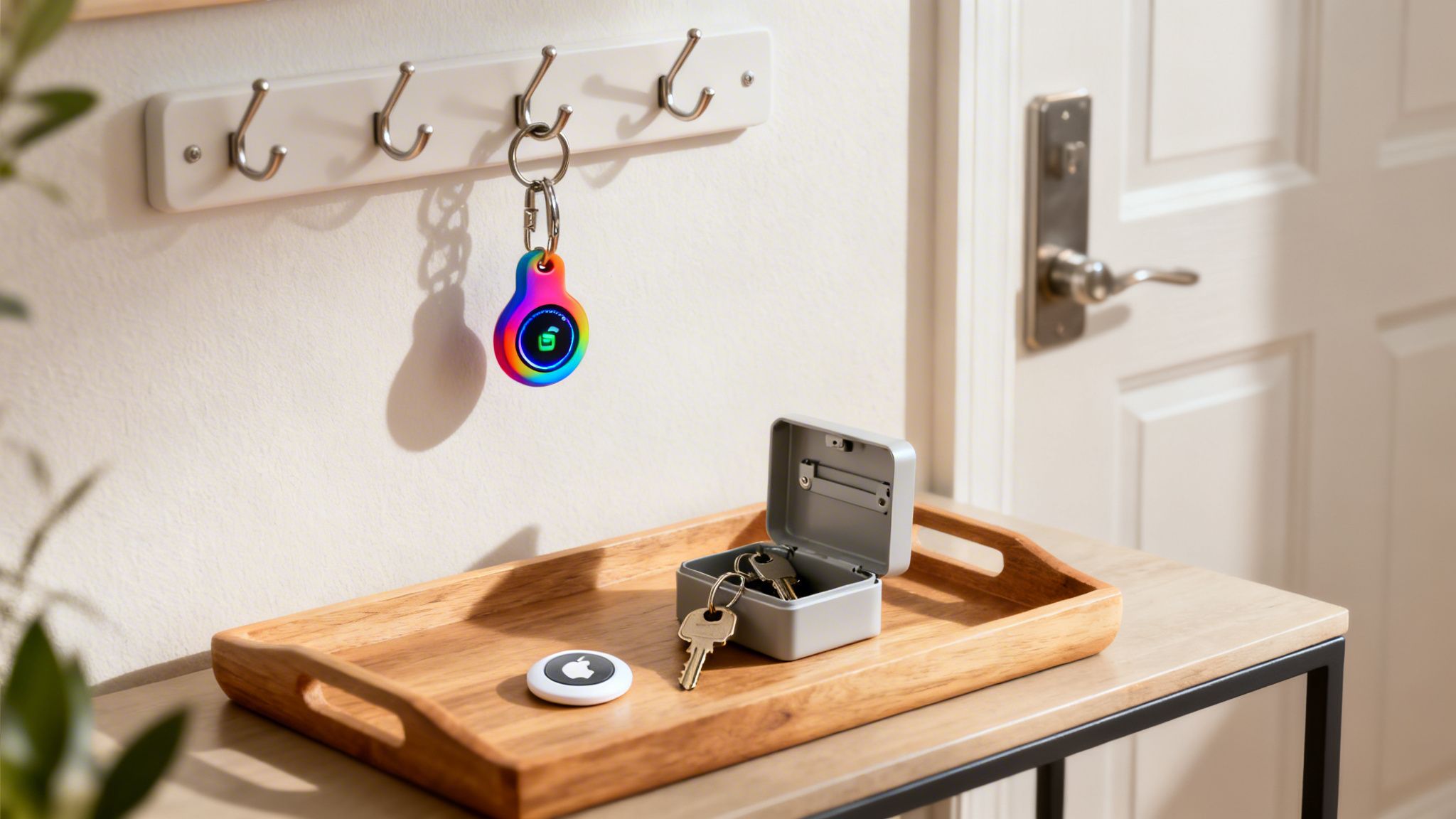 Colorful key finder hanging from a wall rack, with an Apple AirTag and keys on a wooden tray.