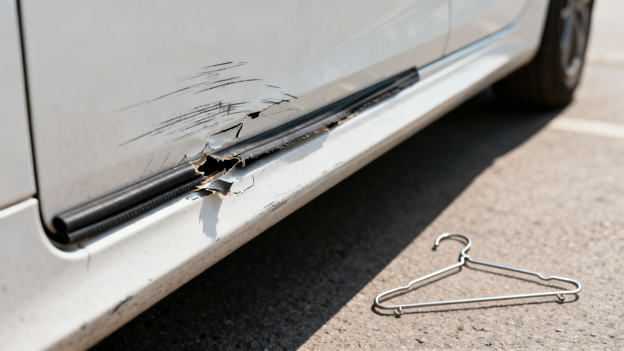 White car door with severe paint damage, deep scratches, a broken trim, and a wire hanger on the ground.