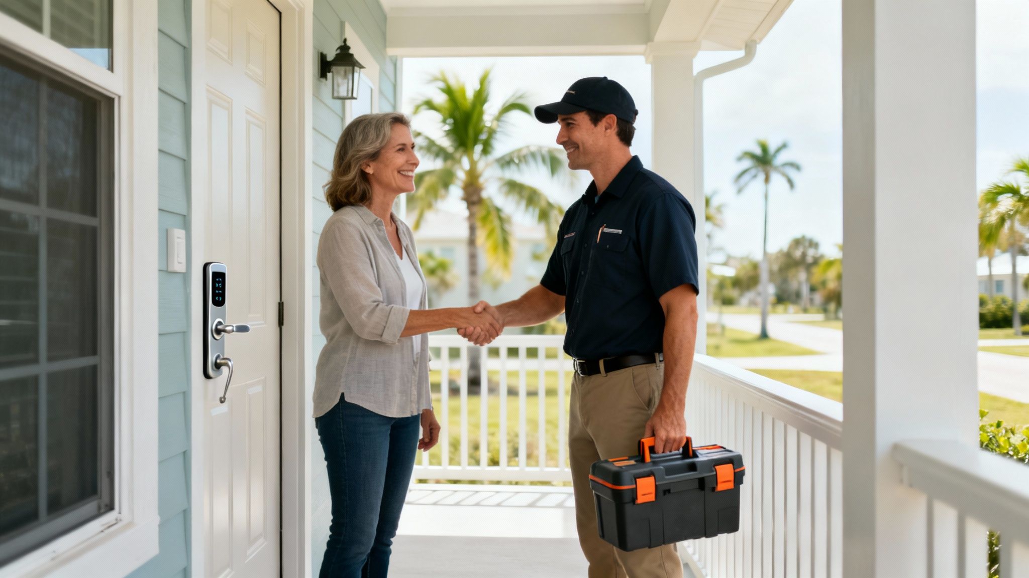 Smiling woman shakes hands with a technician holding a toolbox on a porch, next to a smart lock.