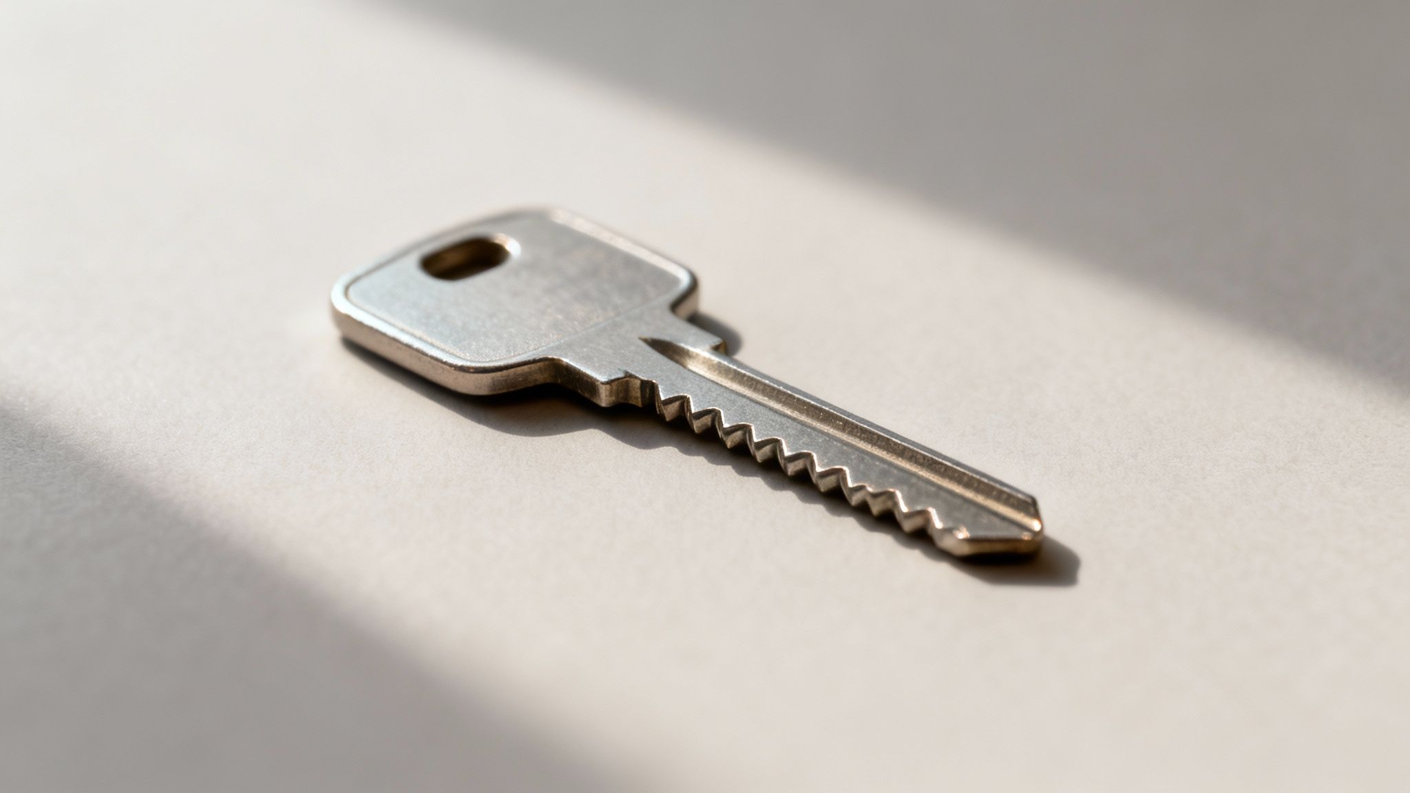 A close-up view of a shiny silver door key resting on a light-colored surface with sunlight and shadows.