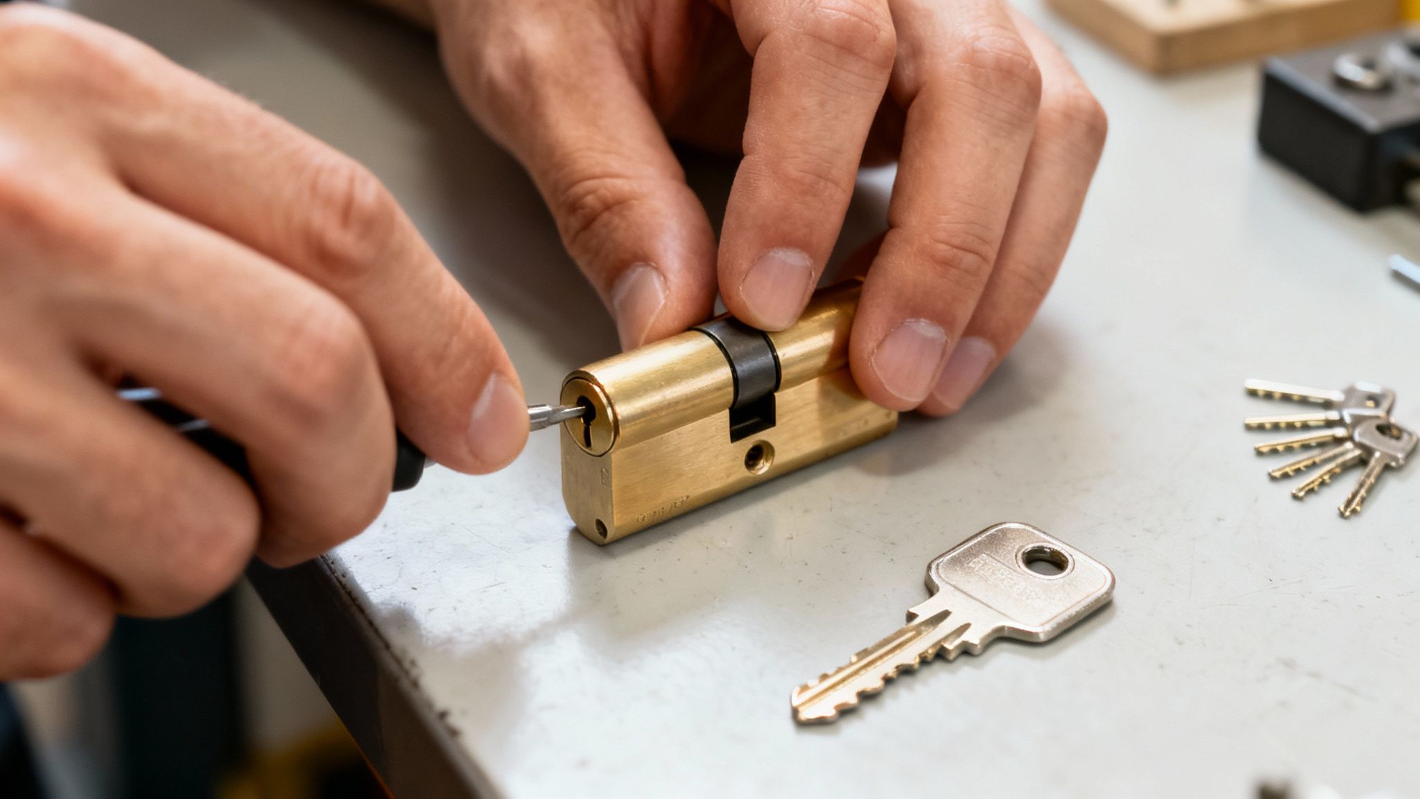 Close-up of a person's hands using a tool to rekey or repair a brass door lock cylinder.