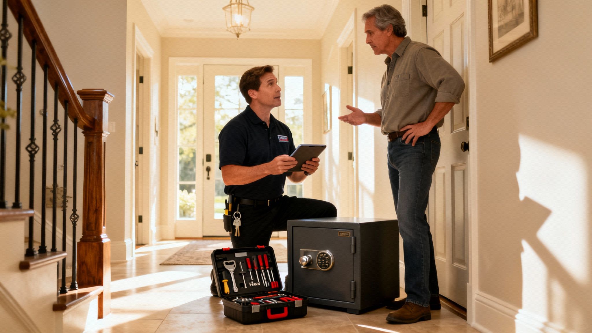 A locksmith talks to a homeowner about a safe, with tools nearby in a home entryway.
