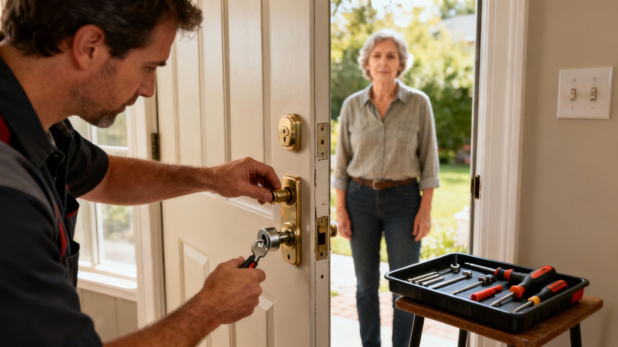 A professional locksmith repairs a gold door lock with a wrench as a woman watches.