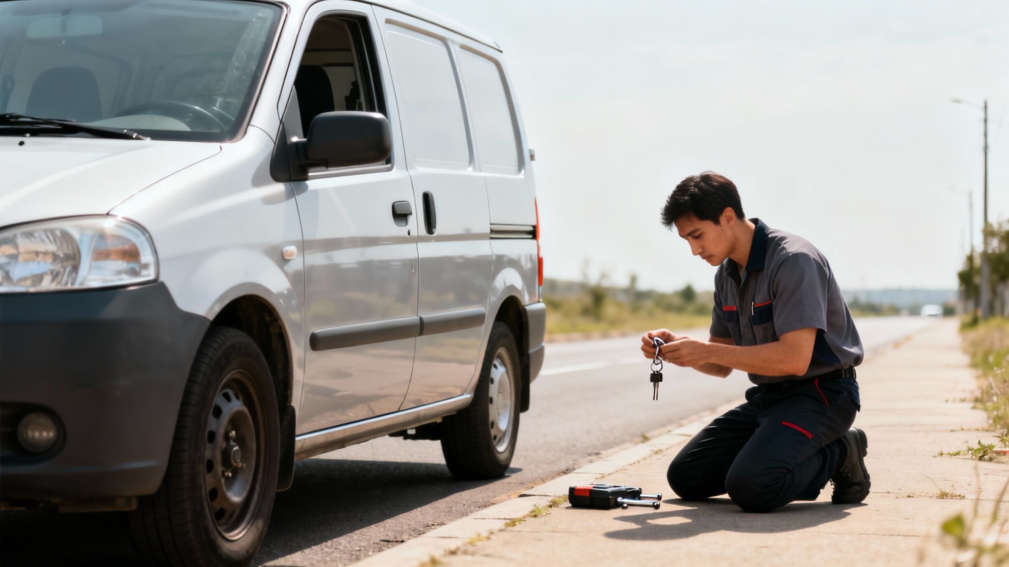 A focused technician in uniform kneels beside a white service van, examining car keys.