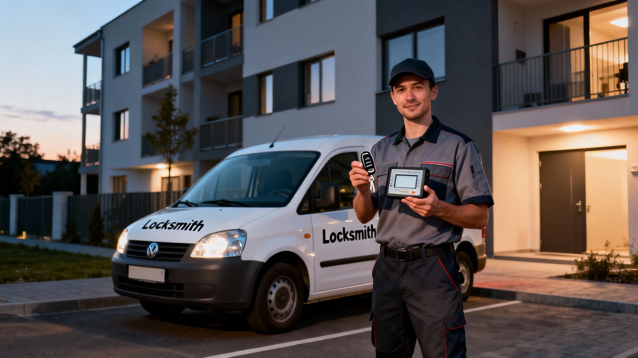 A smiling locksmith holding a car key fob and a programming device next to his service van at dusk.