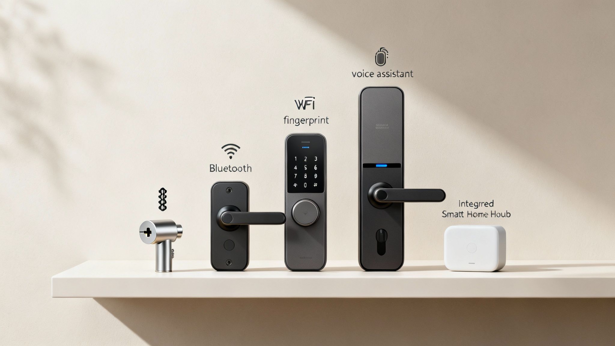 A diverse display of modern smart locks featuring Bluetooth, WiFi, fingerprint, voice assistant, and a smart home hub.