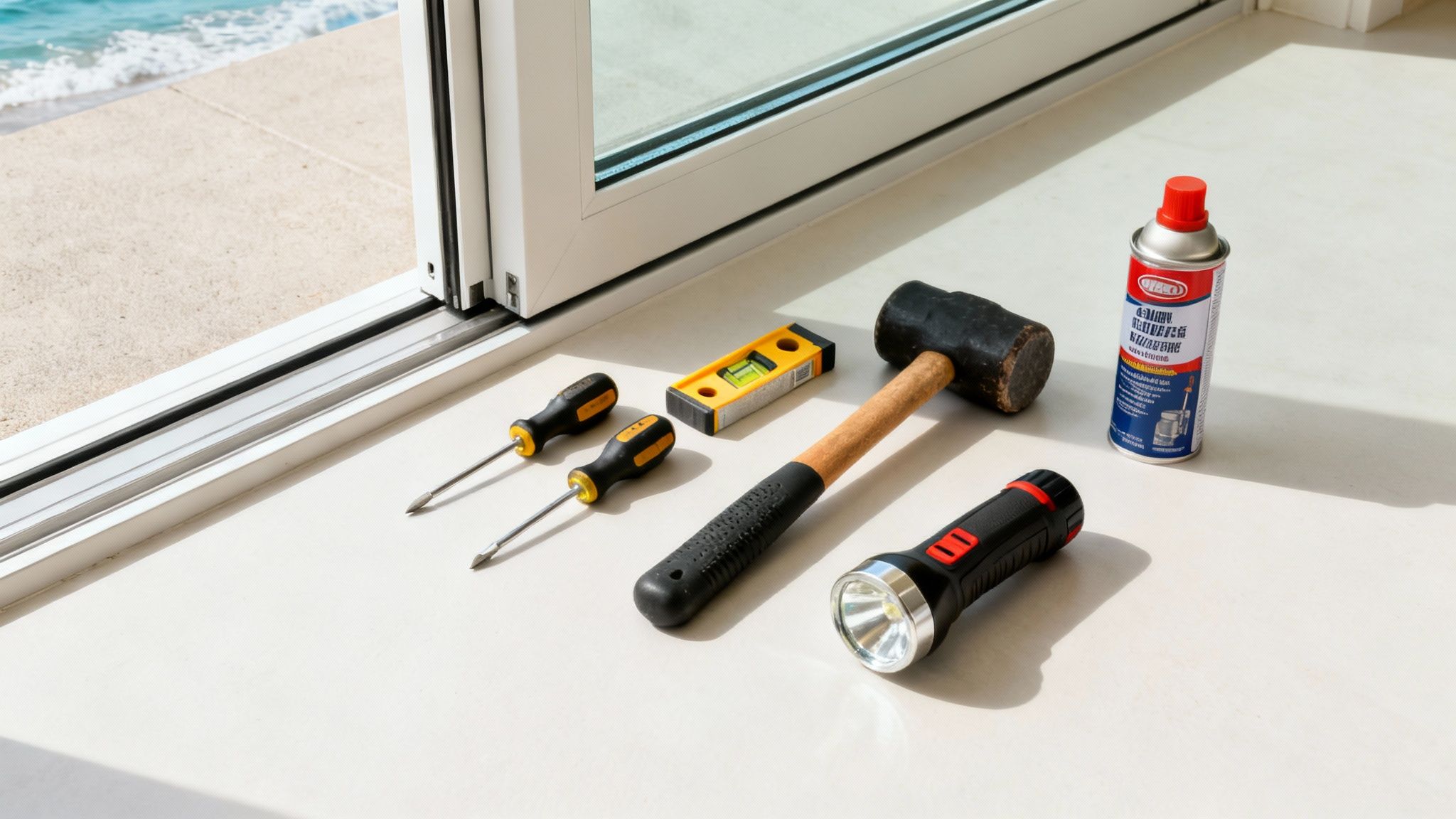 Tools like screwdrivers, level, sledgehammer, flashlight, and spray can for home repair.