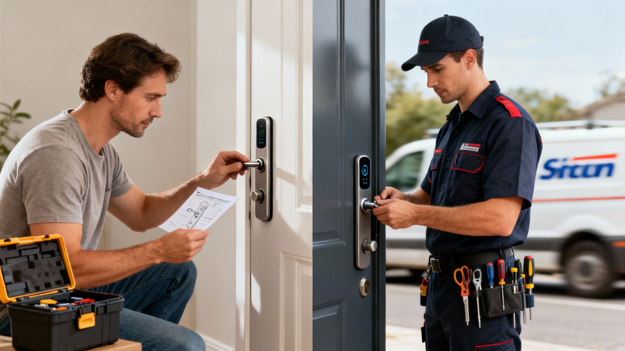 Two men installing smart locks on doors, one DIY, one professional technician, with tools and instructions.