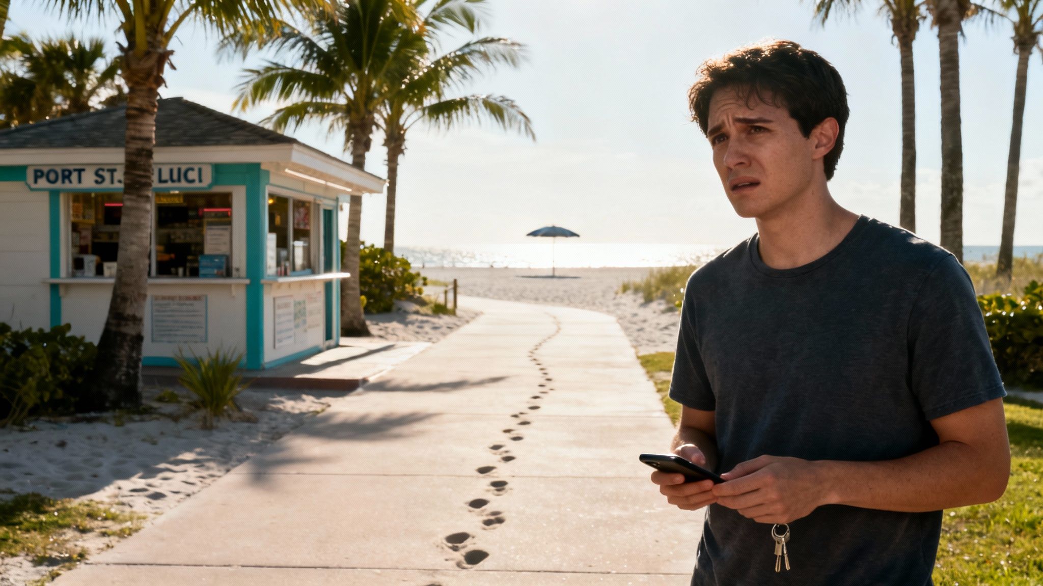 A concerned young man holds a phone and keys on a sunny beach path by a snack shack.
