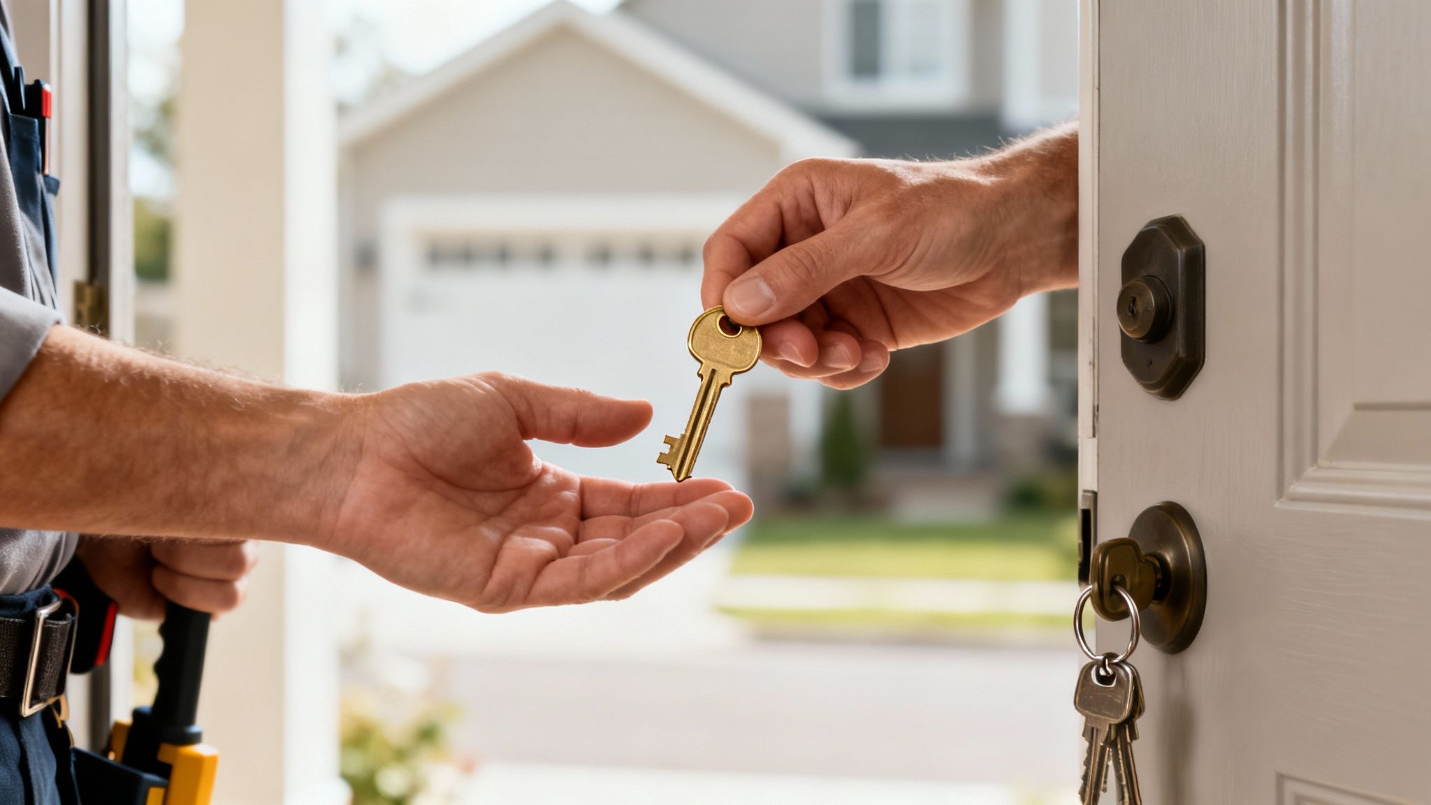 A hand passing a golden house key to another hand in front of a new home.