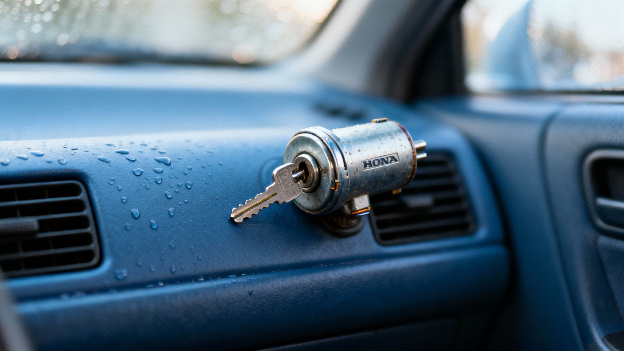 Close-up of a car key stuck in a rusty Honda ignition cylinder on a wet blue dashboard.