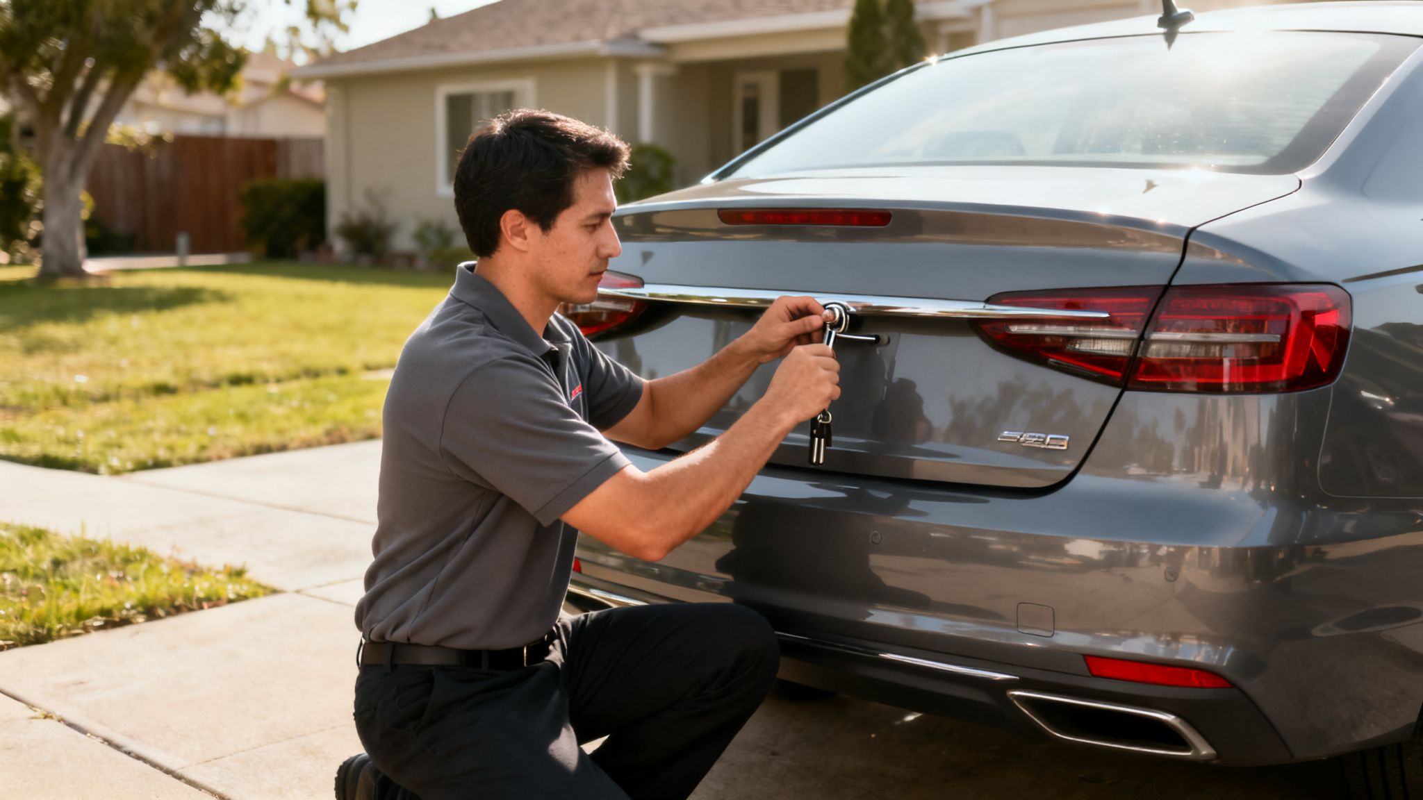 A service technician uses a tool to open the locked trunk of a gray car, with keys in hand.