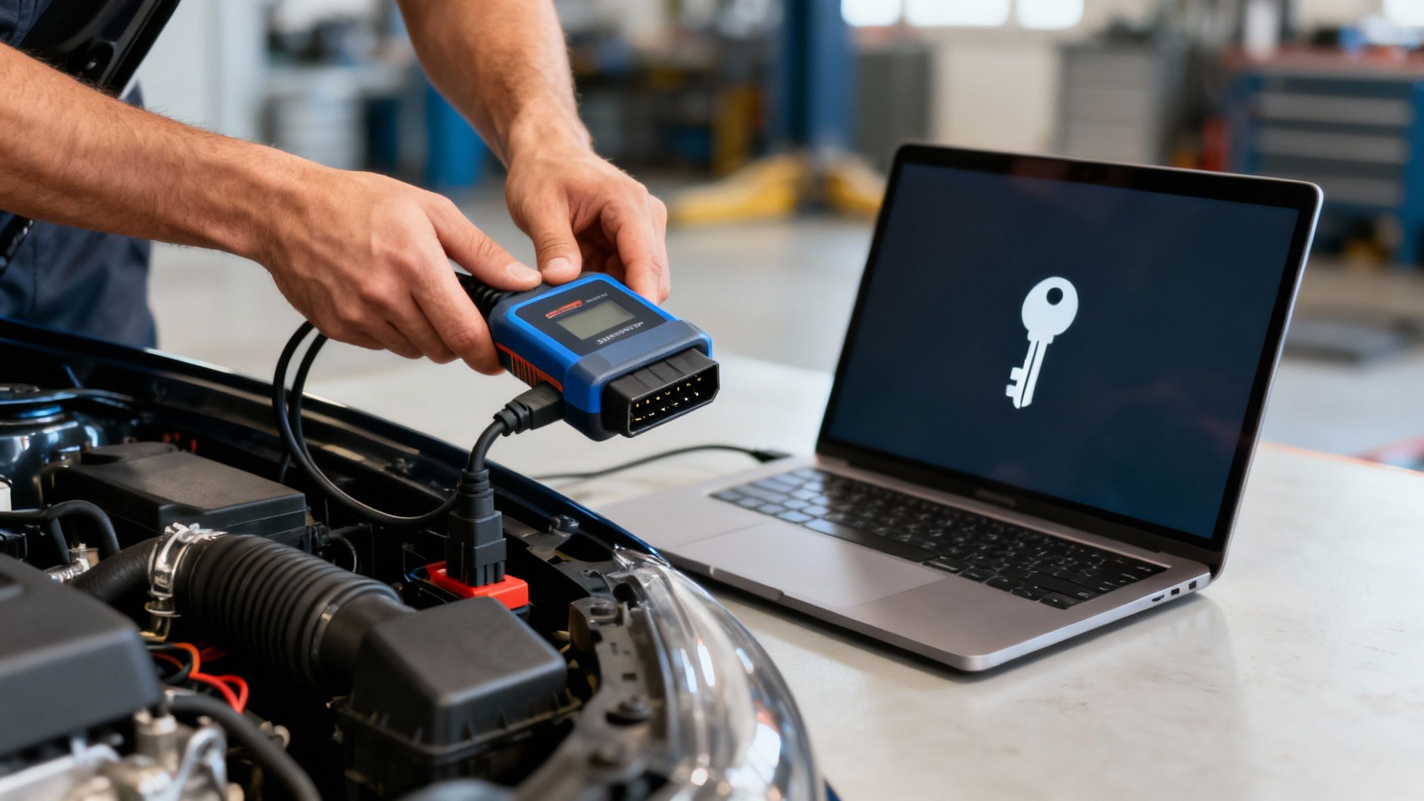 Hands connecting an automotive diagnostic tool to a car engine, with a laptop displaying a key icon.