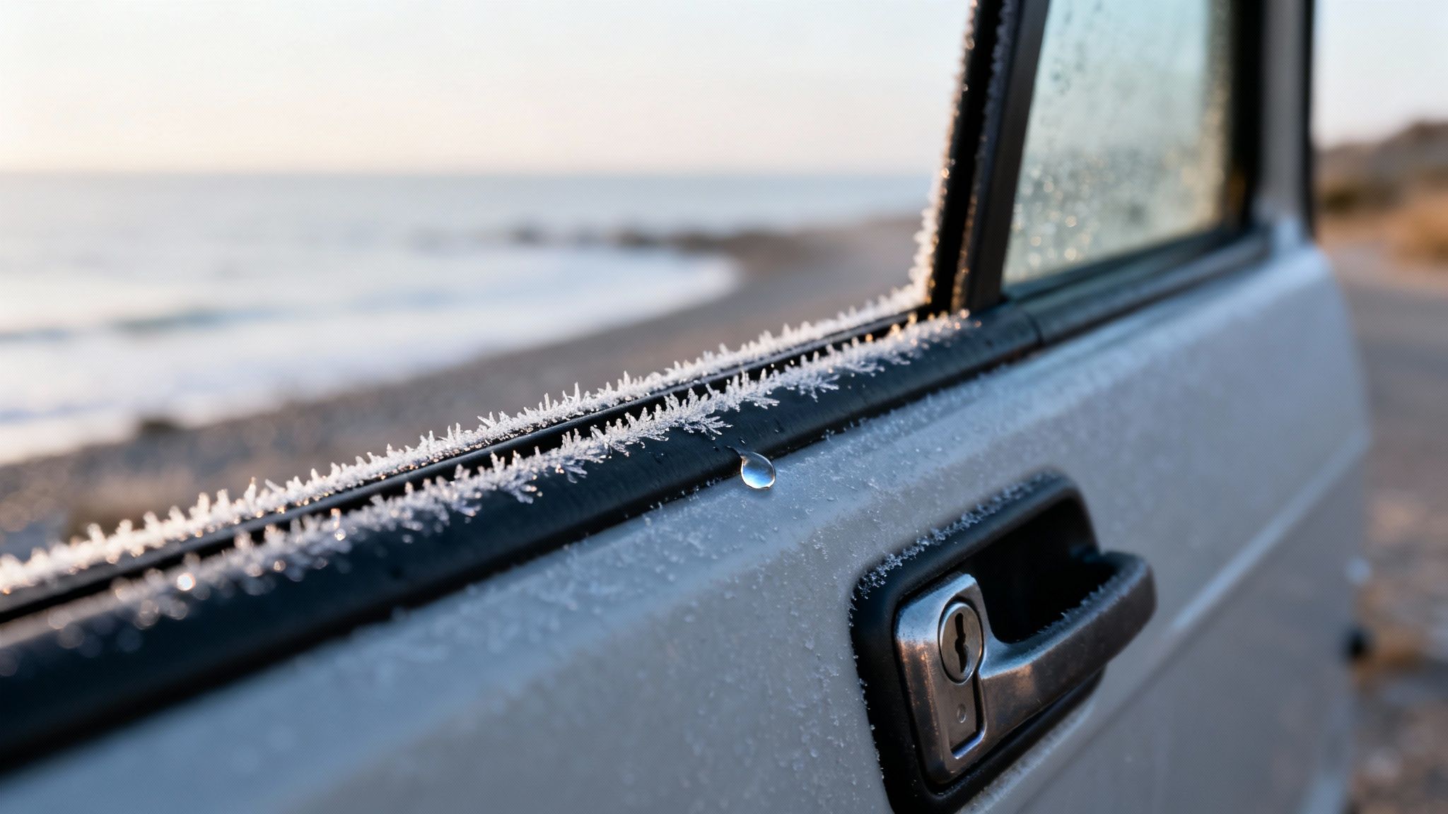 Detail of a frosty car door and window frame with a glistening water droplet at the beach.