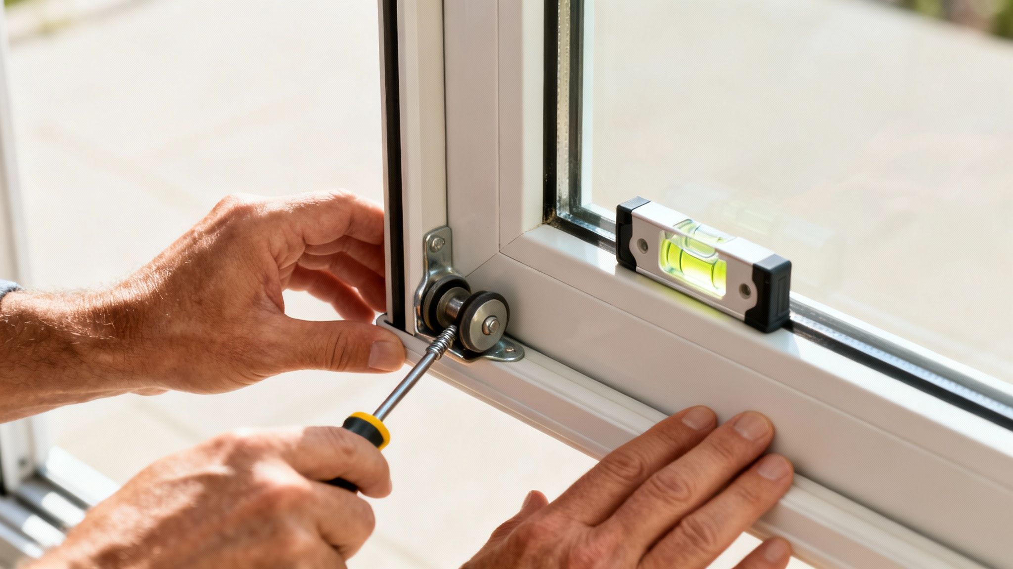 Close-up of hands adjusting a patio door lock mechanism with a screwdriver, with a spirit level on the frame.