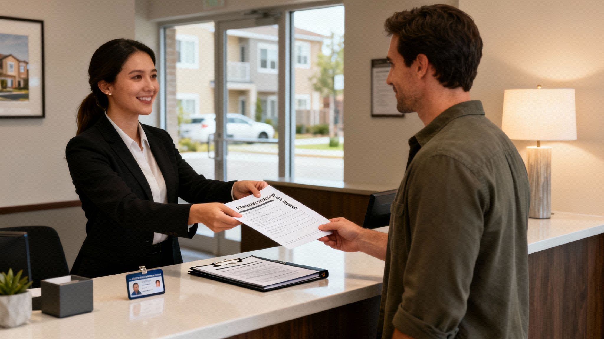 A smiling female agent hands rental agreement documents to a male client at a counter.