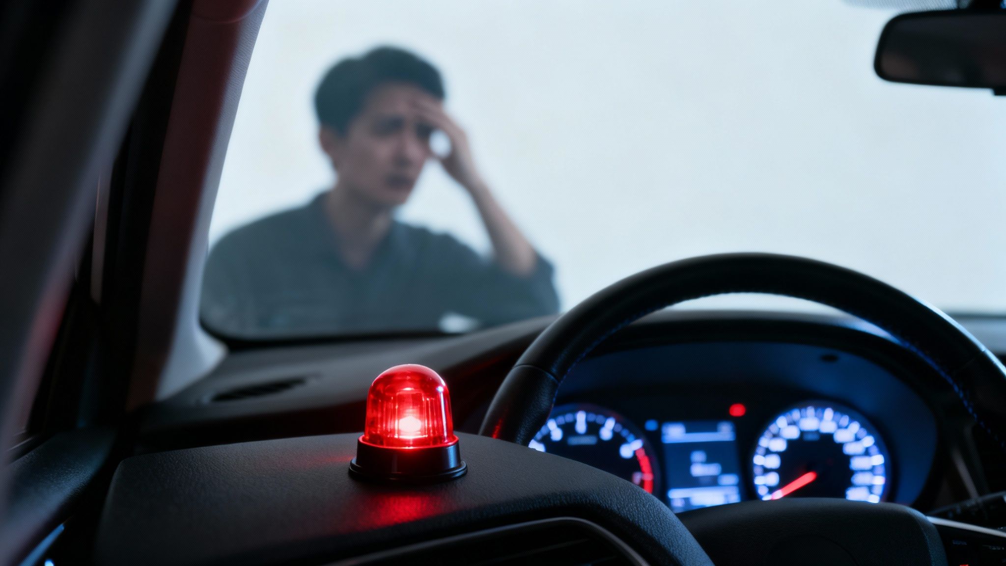 A red emergency light on a car dashboard, with a distressed person visible through the blurry windshield.