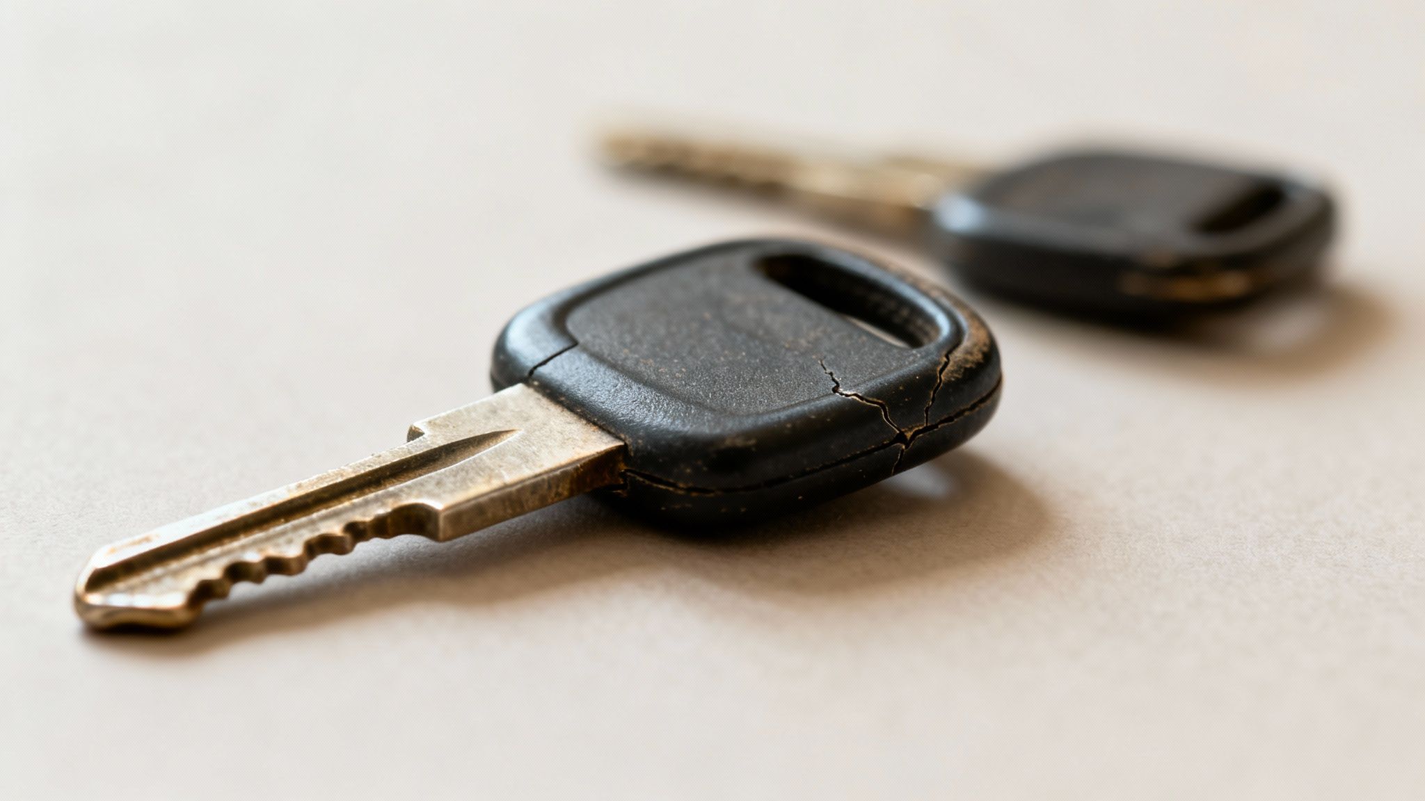 Close-up of two old, worn car keys with black plastic handles on a light surface.
