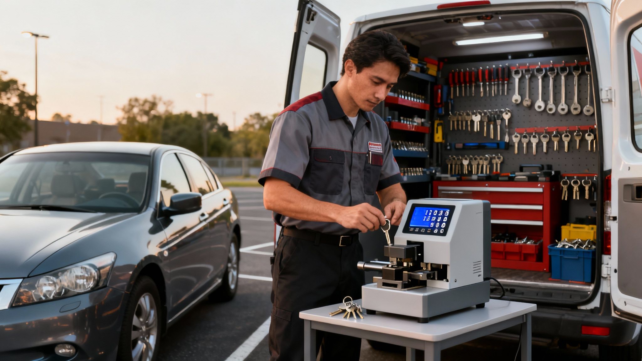 A technician makes a new car key with a laser cutting machine next to a service van.