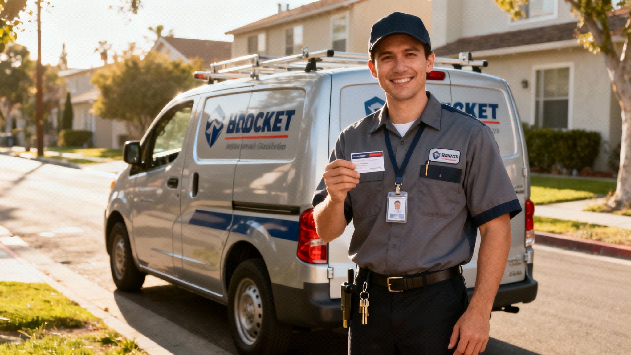 Smiling service technician in uniform holding an ID card next to a service van on a street.