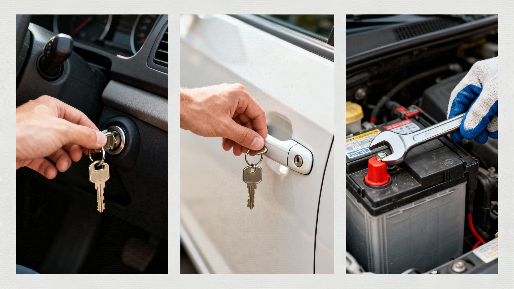Three panels showing a person interacting with a car: inserting key in ignition, unlocking door, and working on battery.