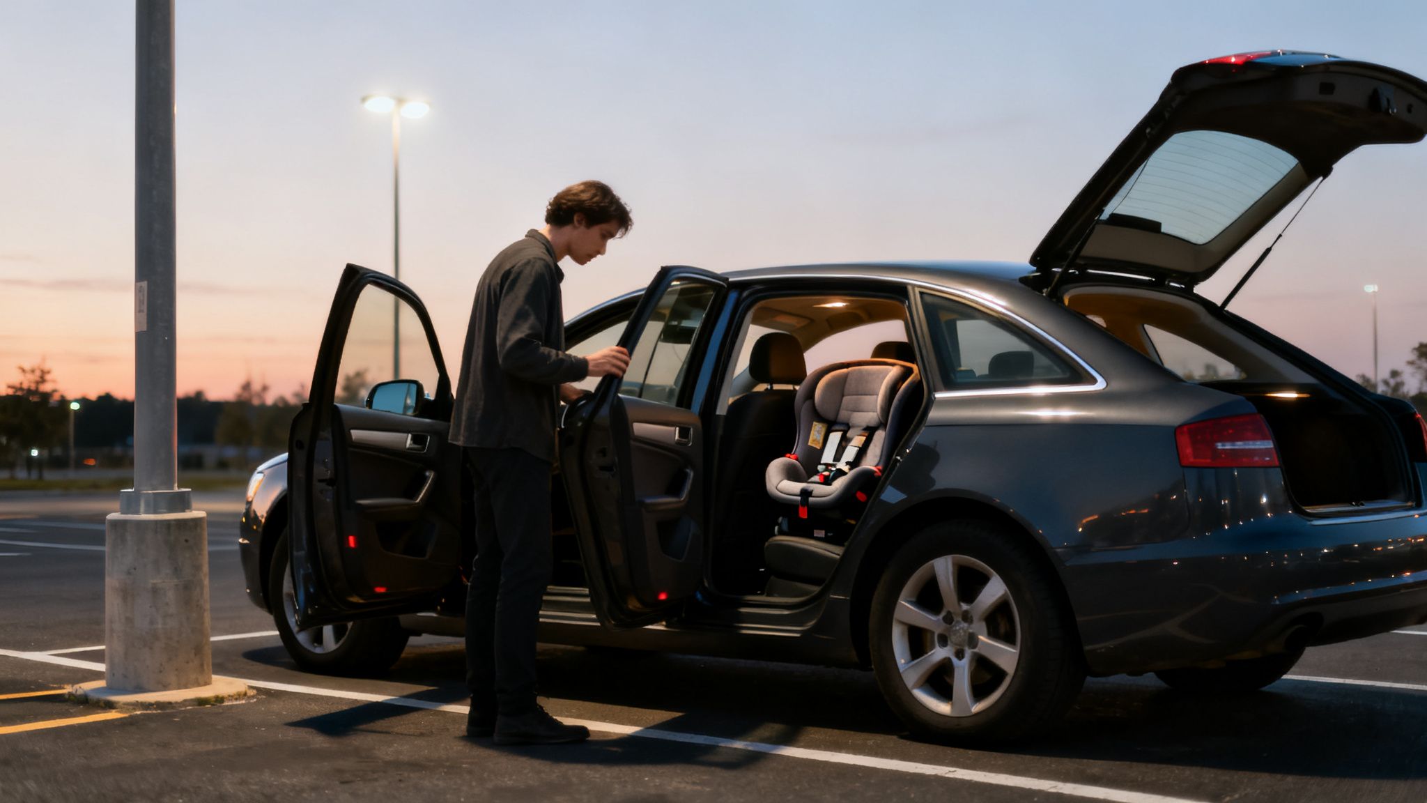 A man stands next to an open dark car with a child safety seat inside at dusk.