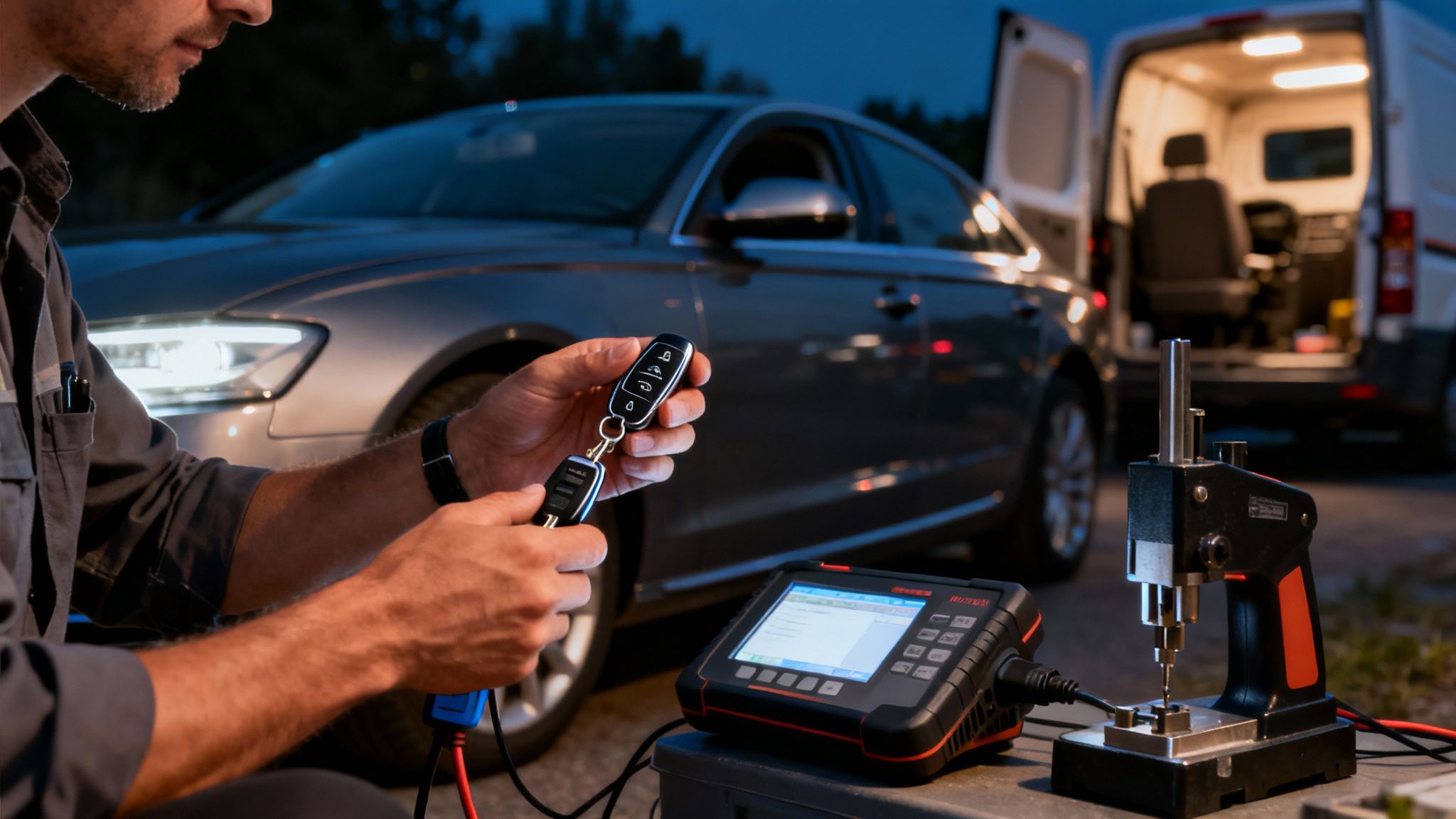 A locksmith programs car keys at night with diagnostic tools and a service van.