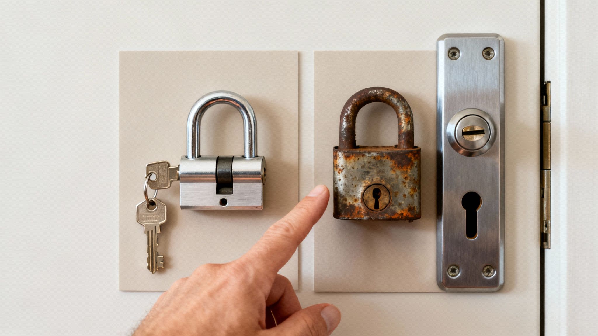 Hand pointing to an old rusty padlock next to a new, shiny padlock with keys.