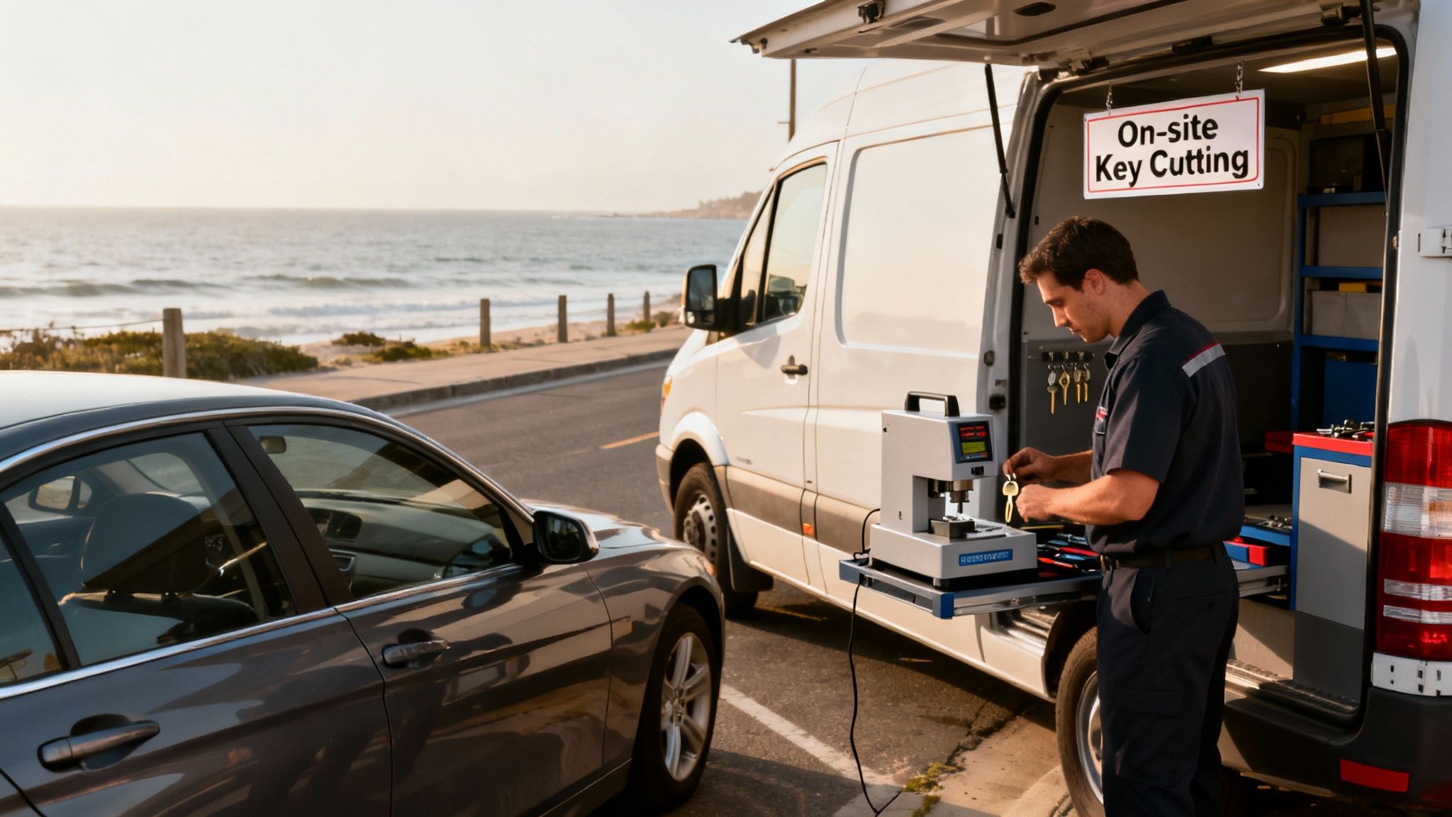 A locksmith provides on-site car key cutting service from a van by the ocean.