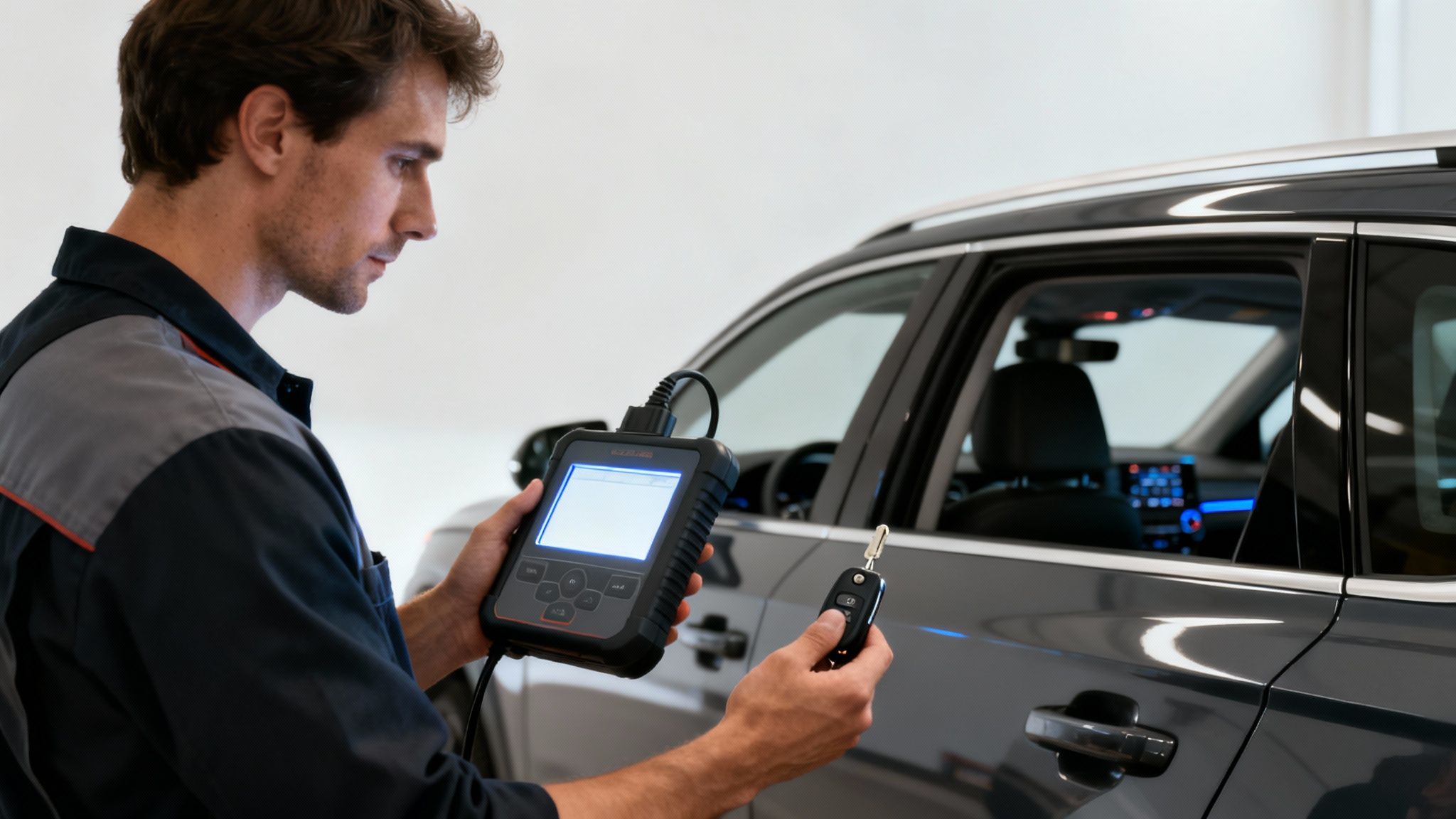 A car mechanic programs a car key fob with a diagnostic tool next to a dark grey car.