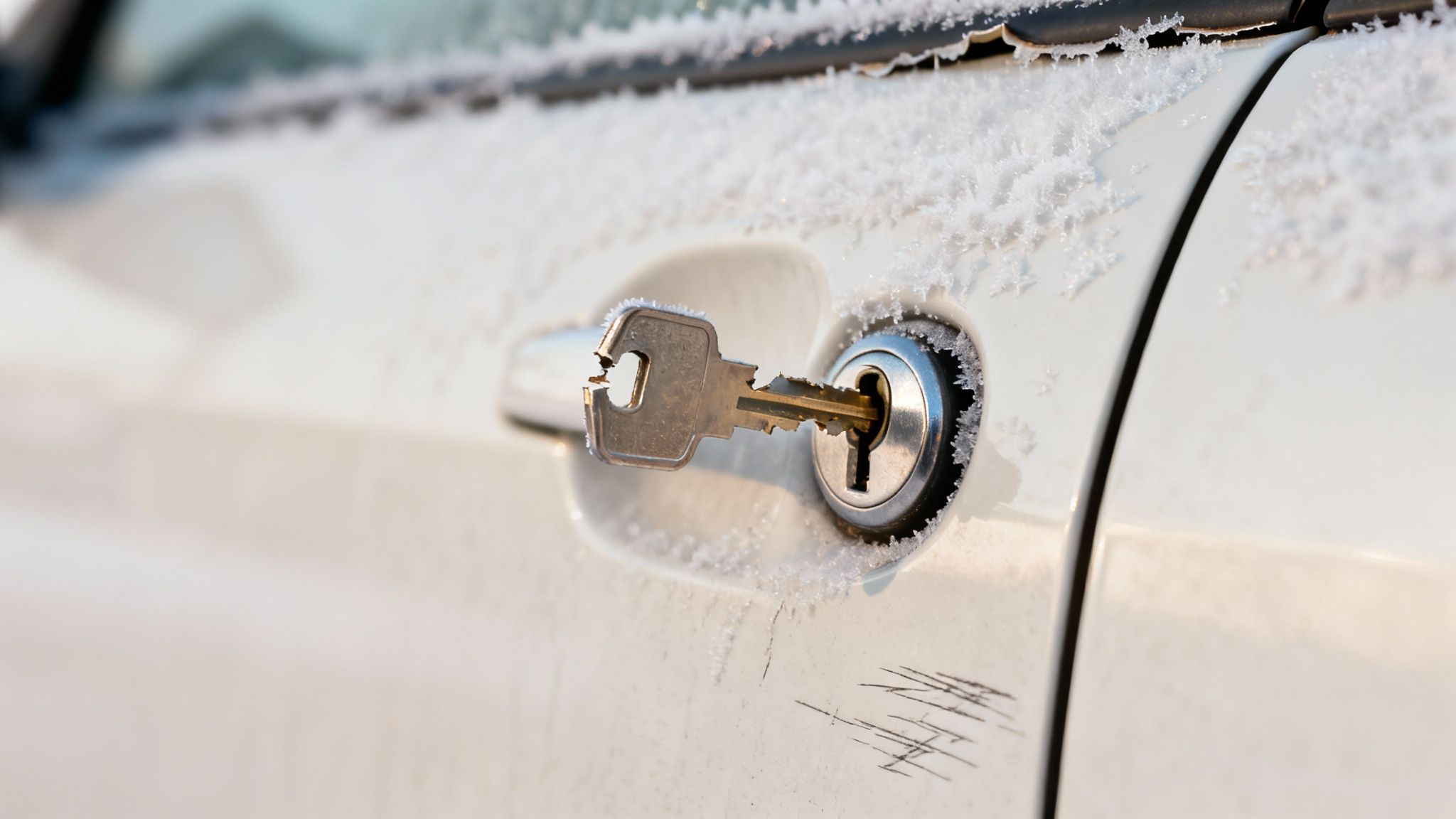 A close-up of a broken car key stuck in a frosty white car door lock, highlighting winter damage.