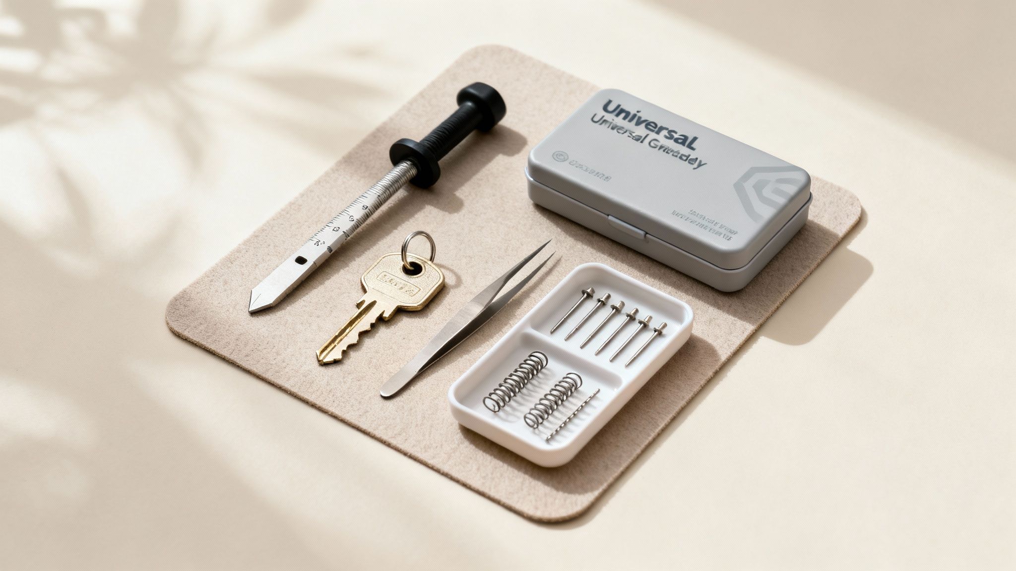Lock rekeying kit laid out with a rekeying tool, key, tweezers, pins, and springs.