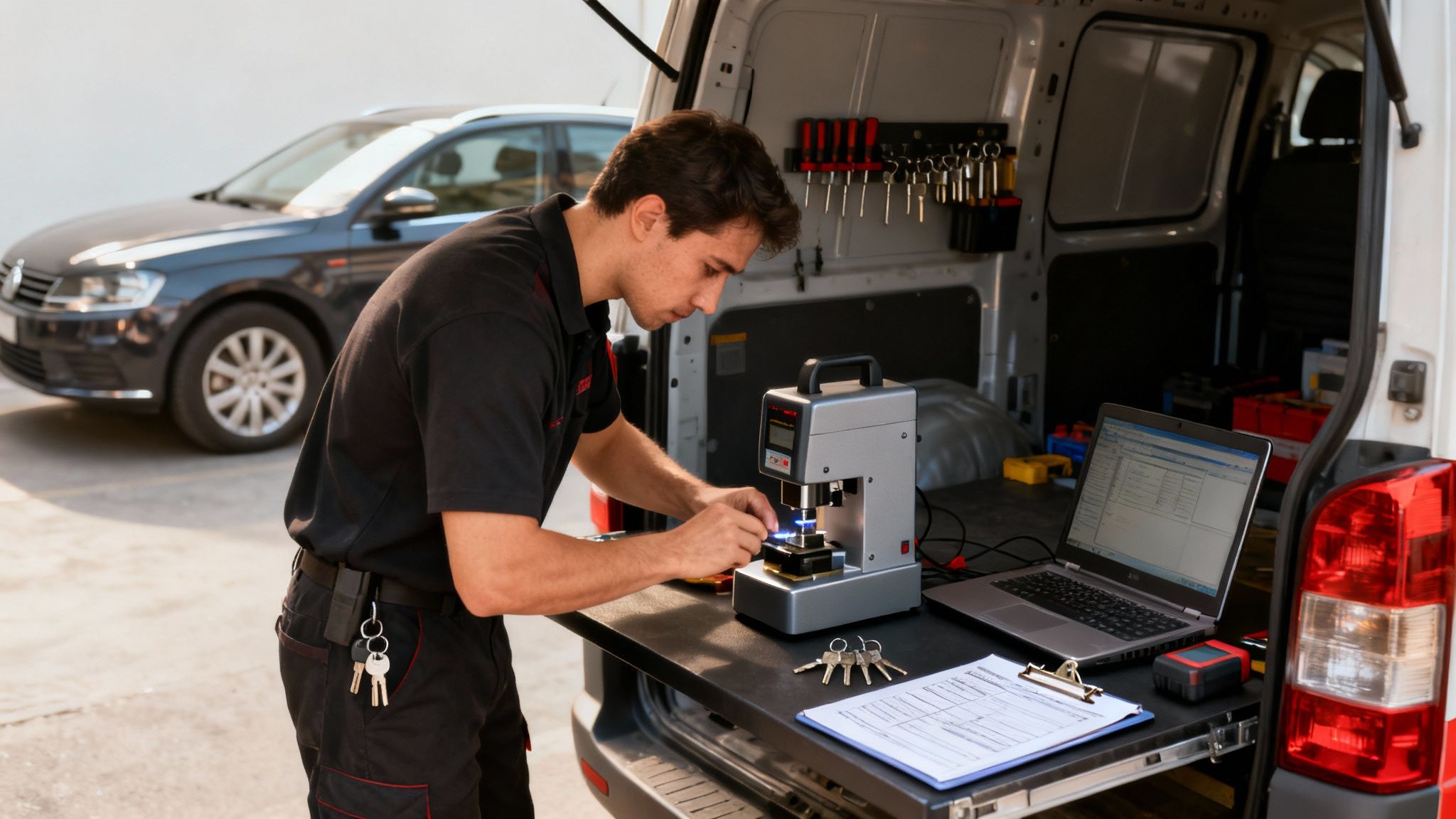 A man uses a car key programming machine in the back of a service van with a laptop.