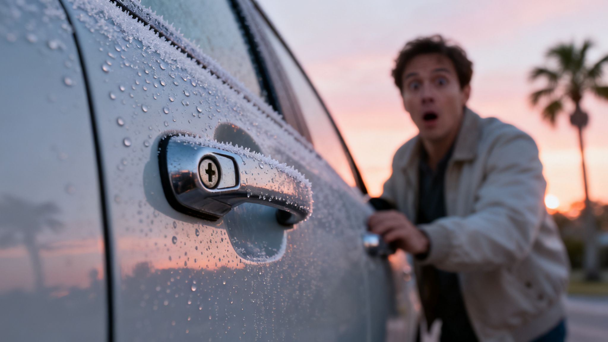 A surprised man discovers his car door lock and handle covered in frost and ice at sunset.