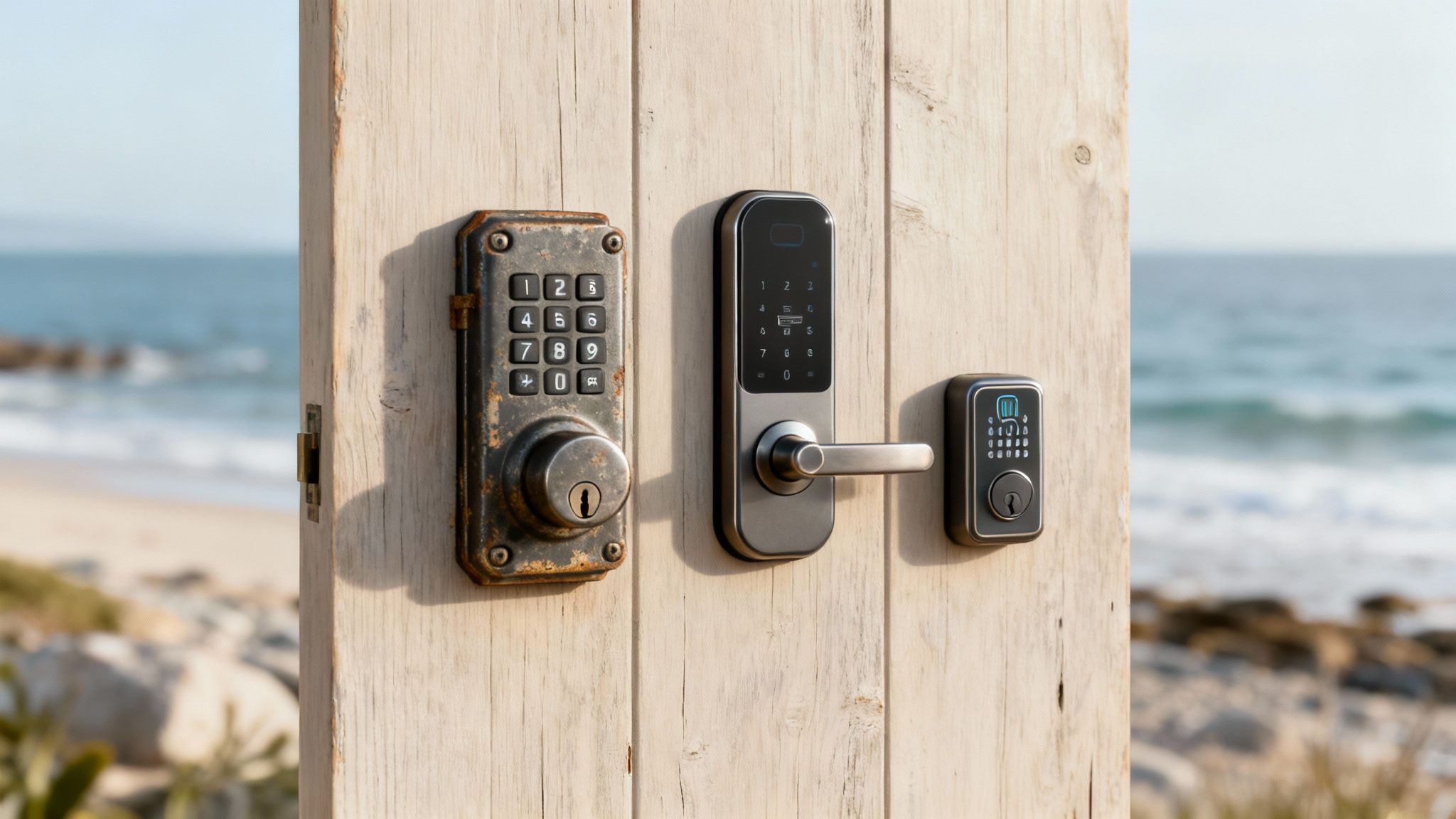 Three smart locks of varying styles on a light wooden door, overlooking a beach and ocean.