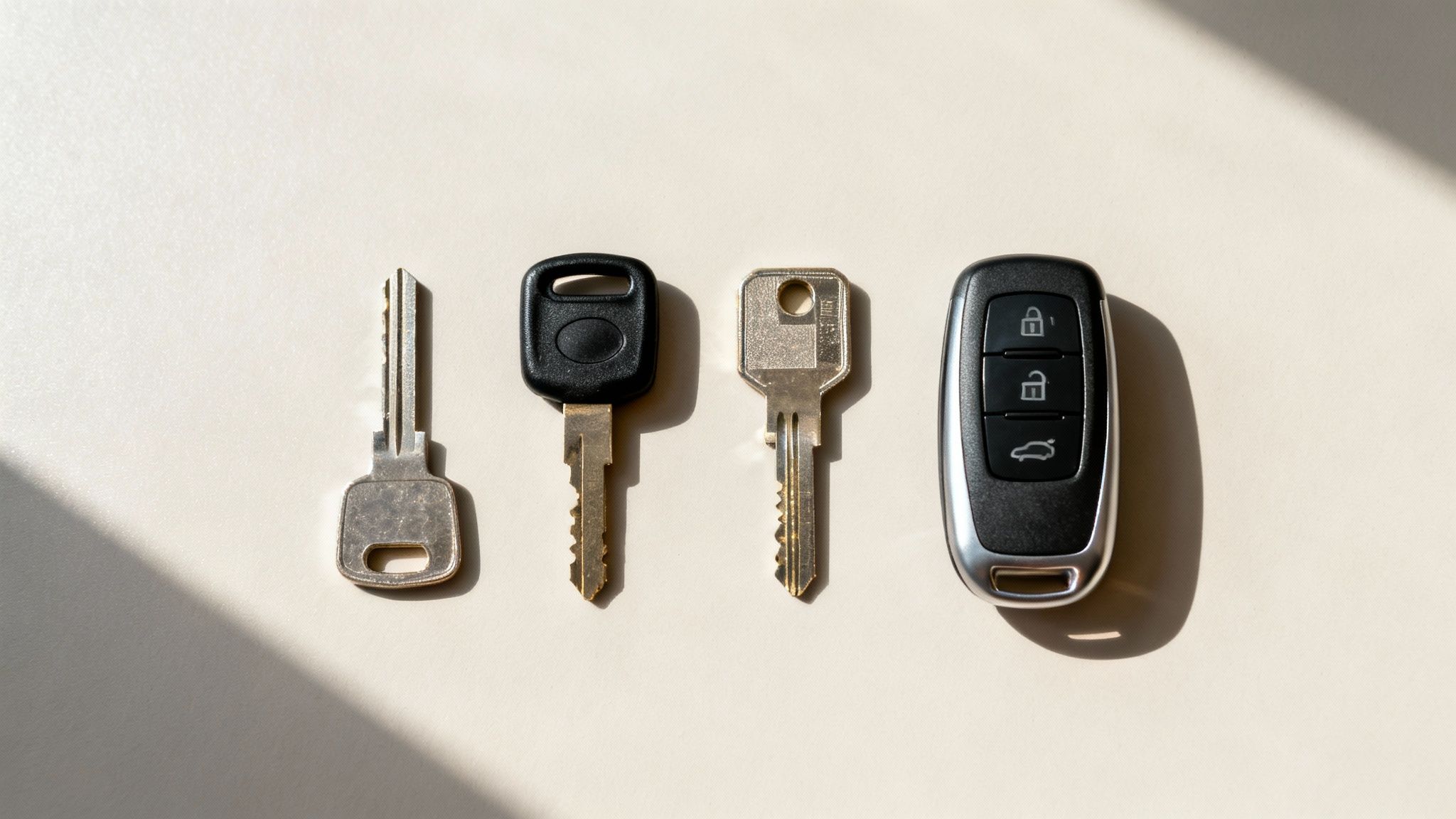 Four different types of keys, including traditional house keys and modern car keys, laid flat.