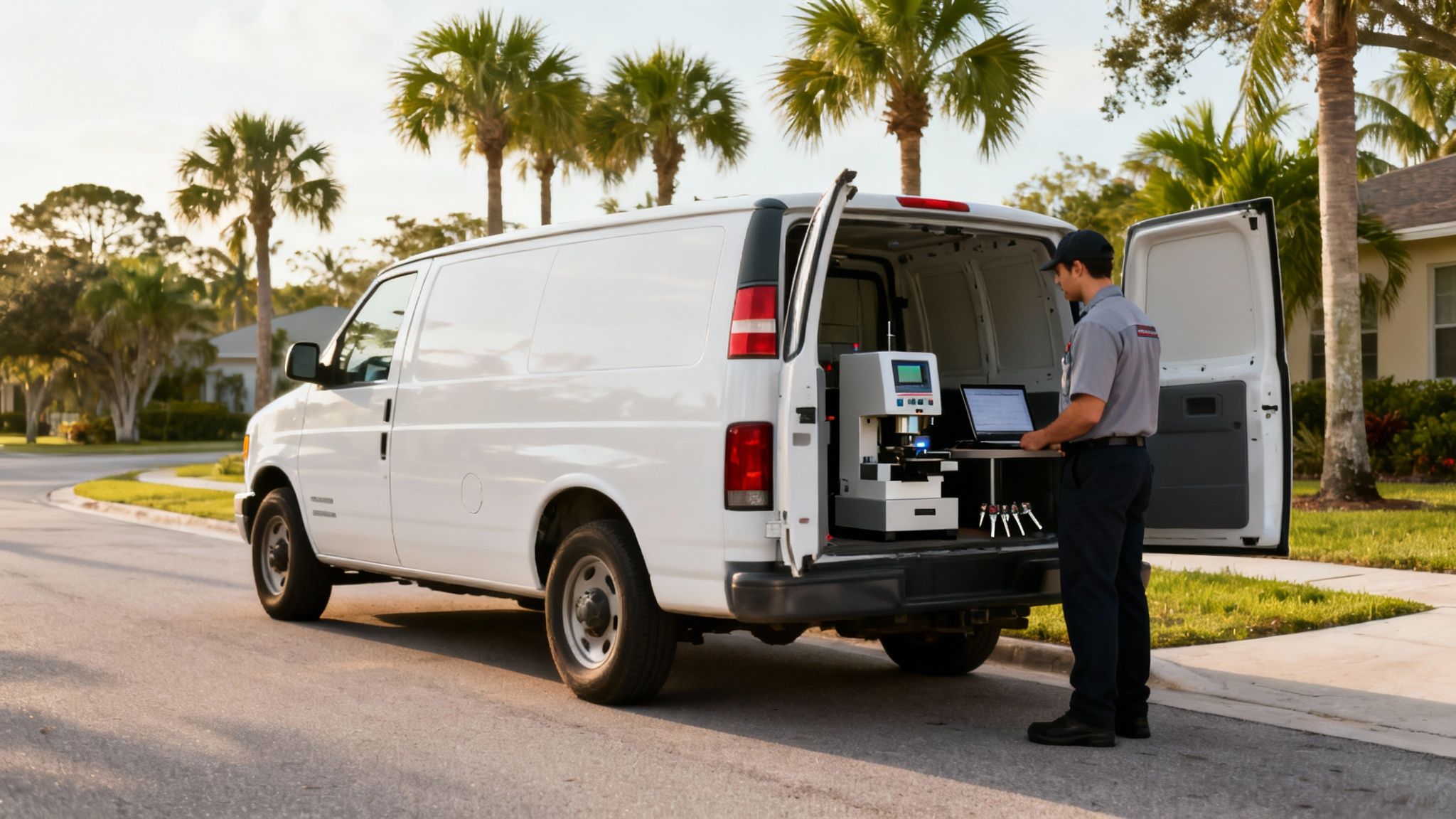 Service technician working on a laptop with specialized equipment inside a white van on a sunny street.