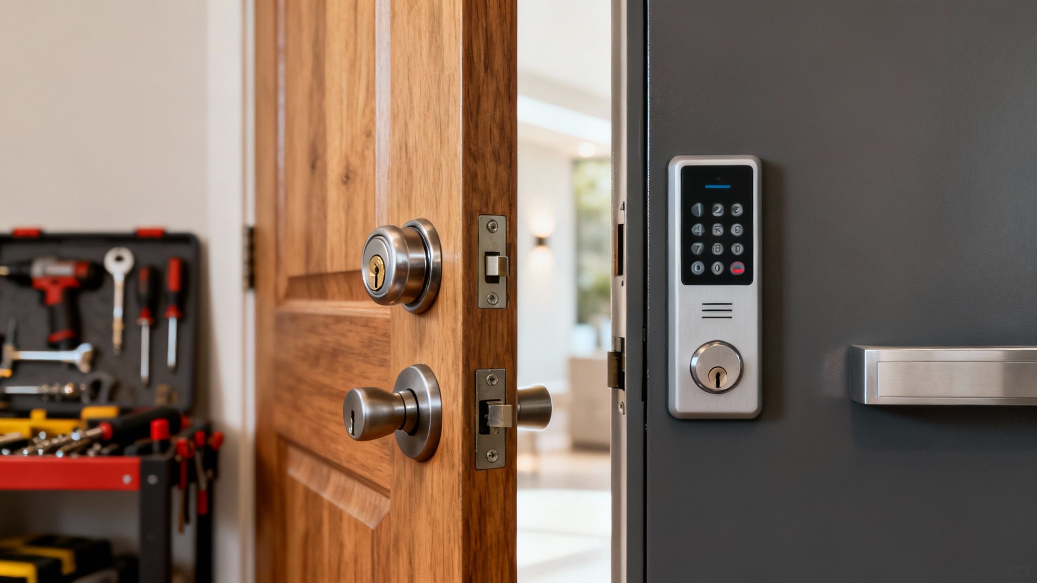 An open wooden door with traditional locks and a gray door featuring a modern digital keypad lock. A toolbox is in the background.