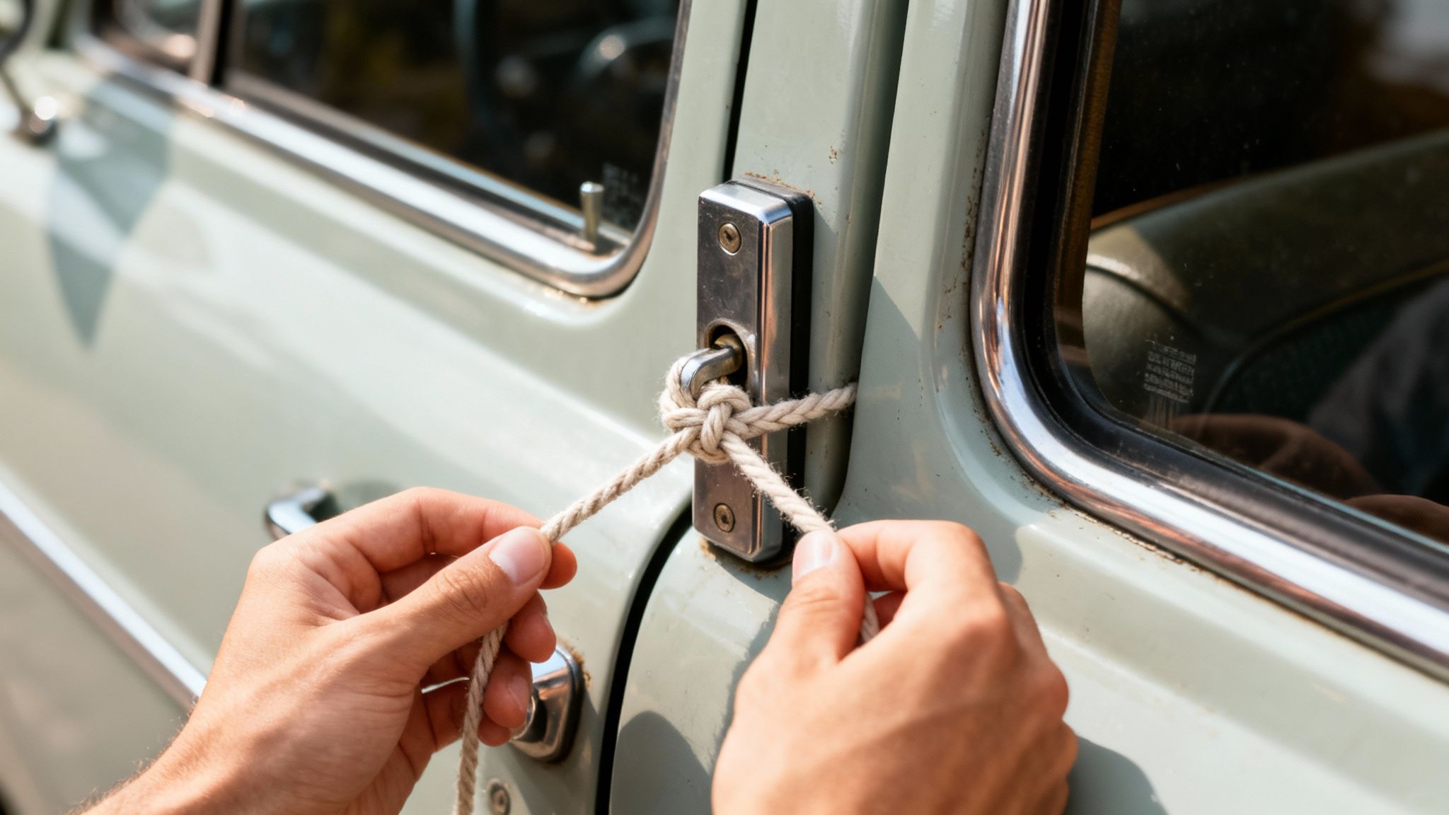 Hands are tying a rope in a knot around the door latch of a vintage car.