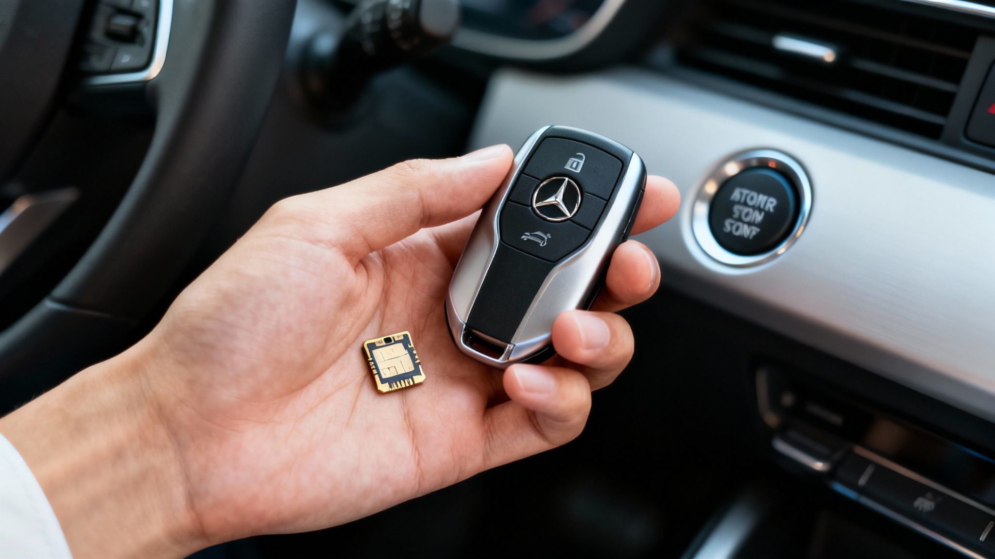 Close-up of a hand holding a Mercedes-Benz car key and a small microchip inside a car.