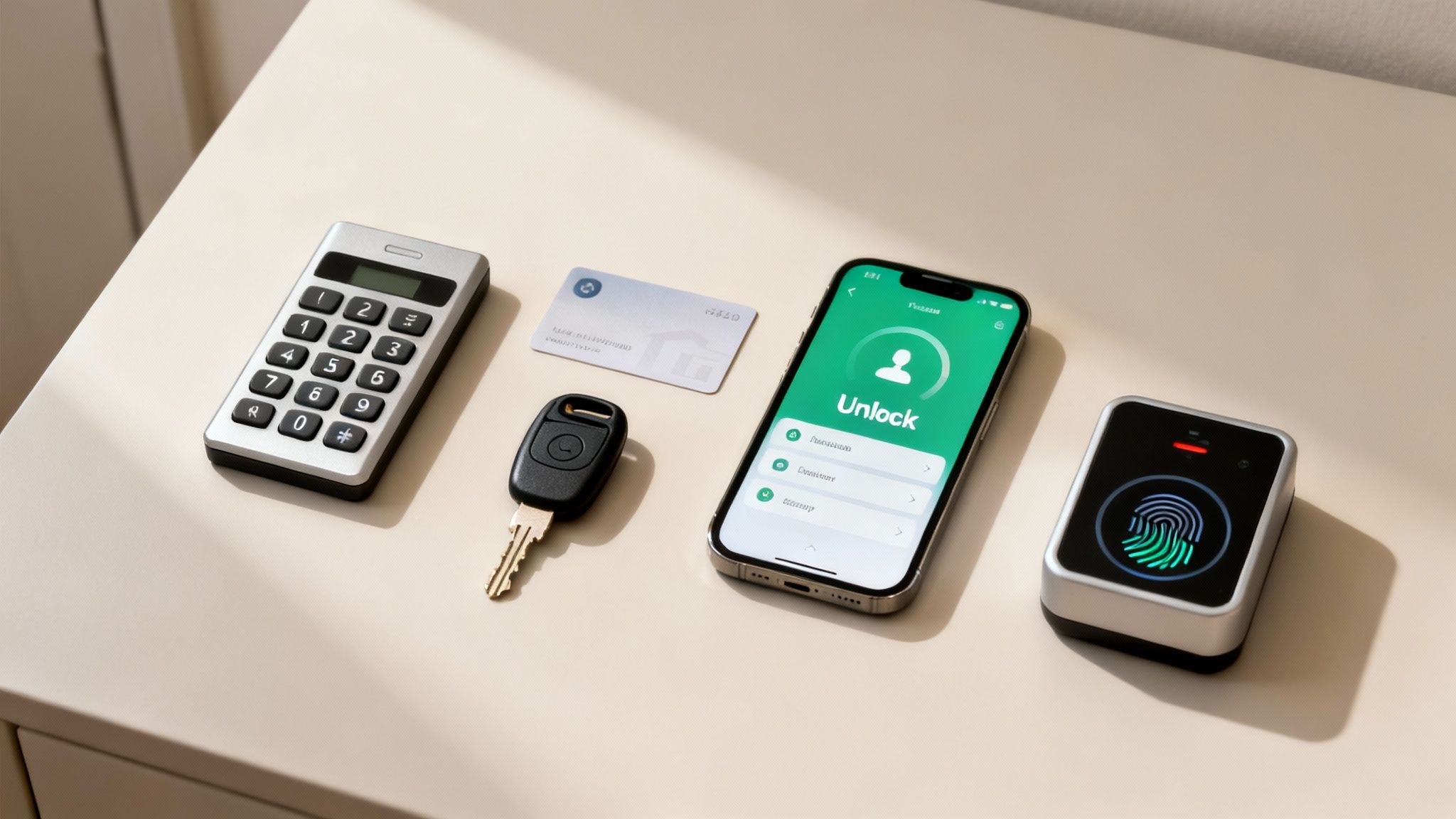 Various security and access control systems, including a keypad, car key, smartphone, and fingerprint scanner.