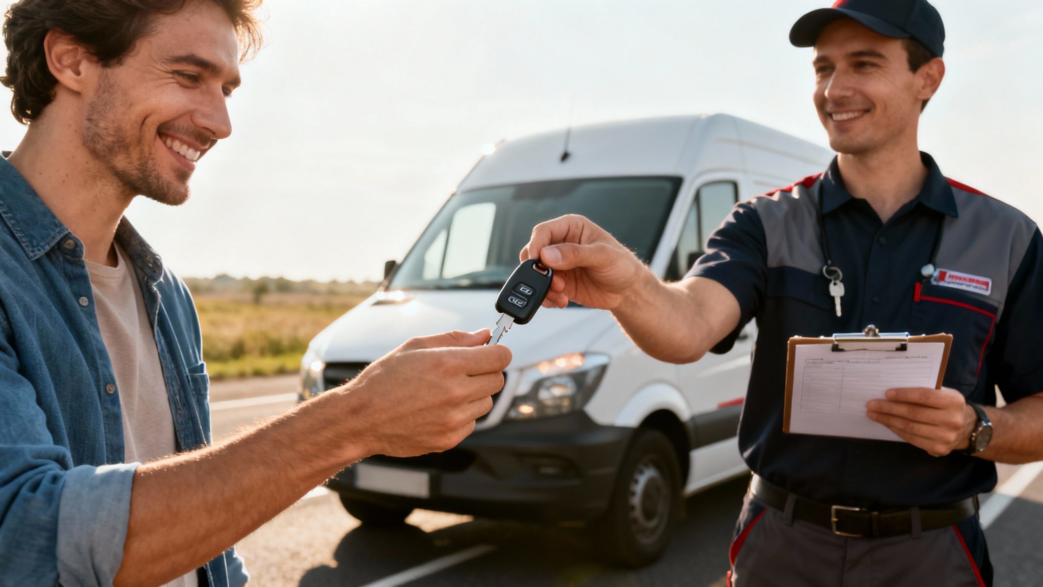 Smiling man receiving car keys from a service technician with a white van in the background.