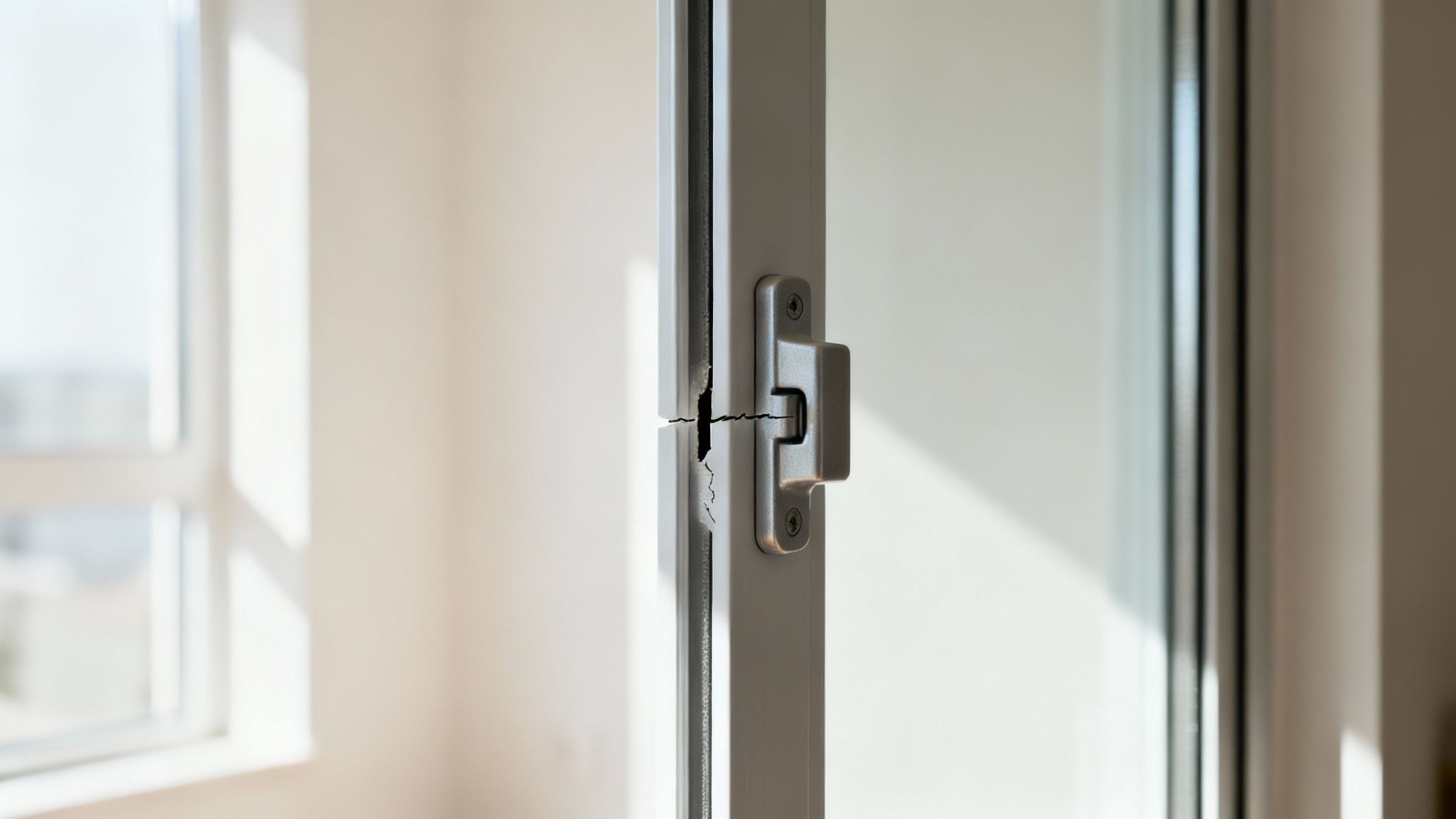 Close-up of a damaged white sliding glass door frame with a broken seal near the silver latch.