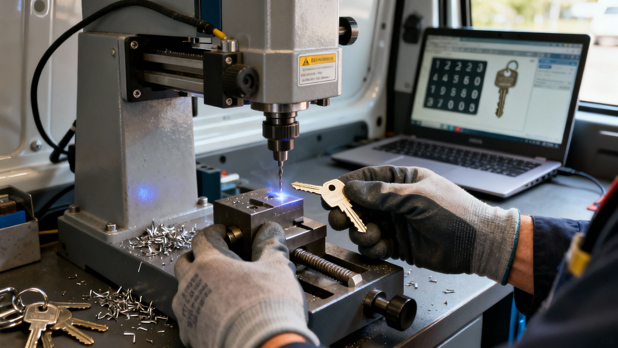 A locksmith precisely cuts a new car key using a cutting machine and digital software.