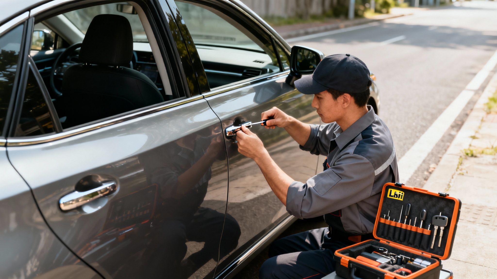 A car technician in uniform is using a screwdriver to fix a car door lock.