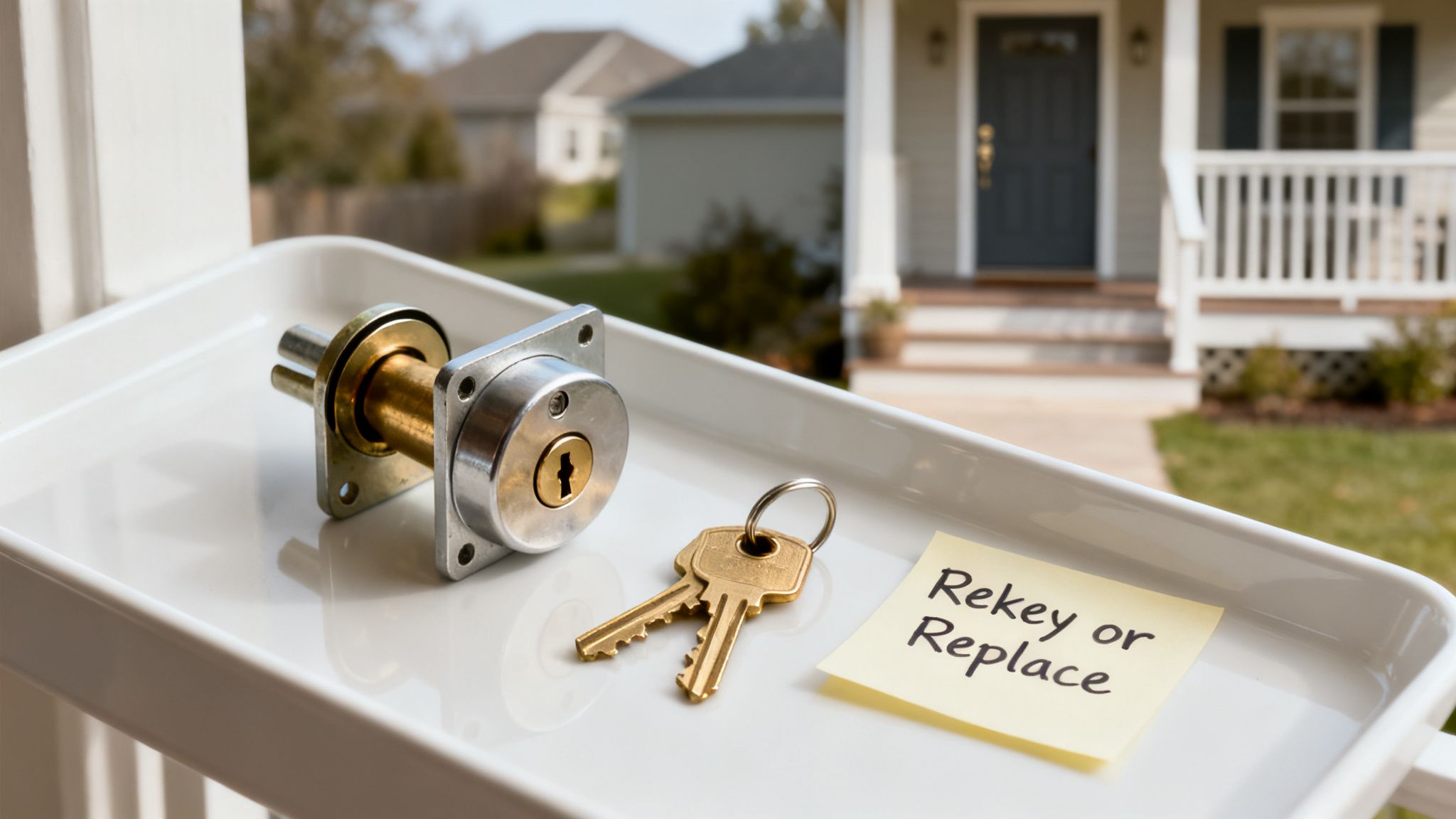 Disassembled door lock, two keys, and a sticky note asking 'Rekey or Replace' on a white tray, with a house in the background.