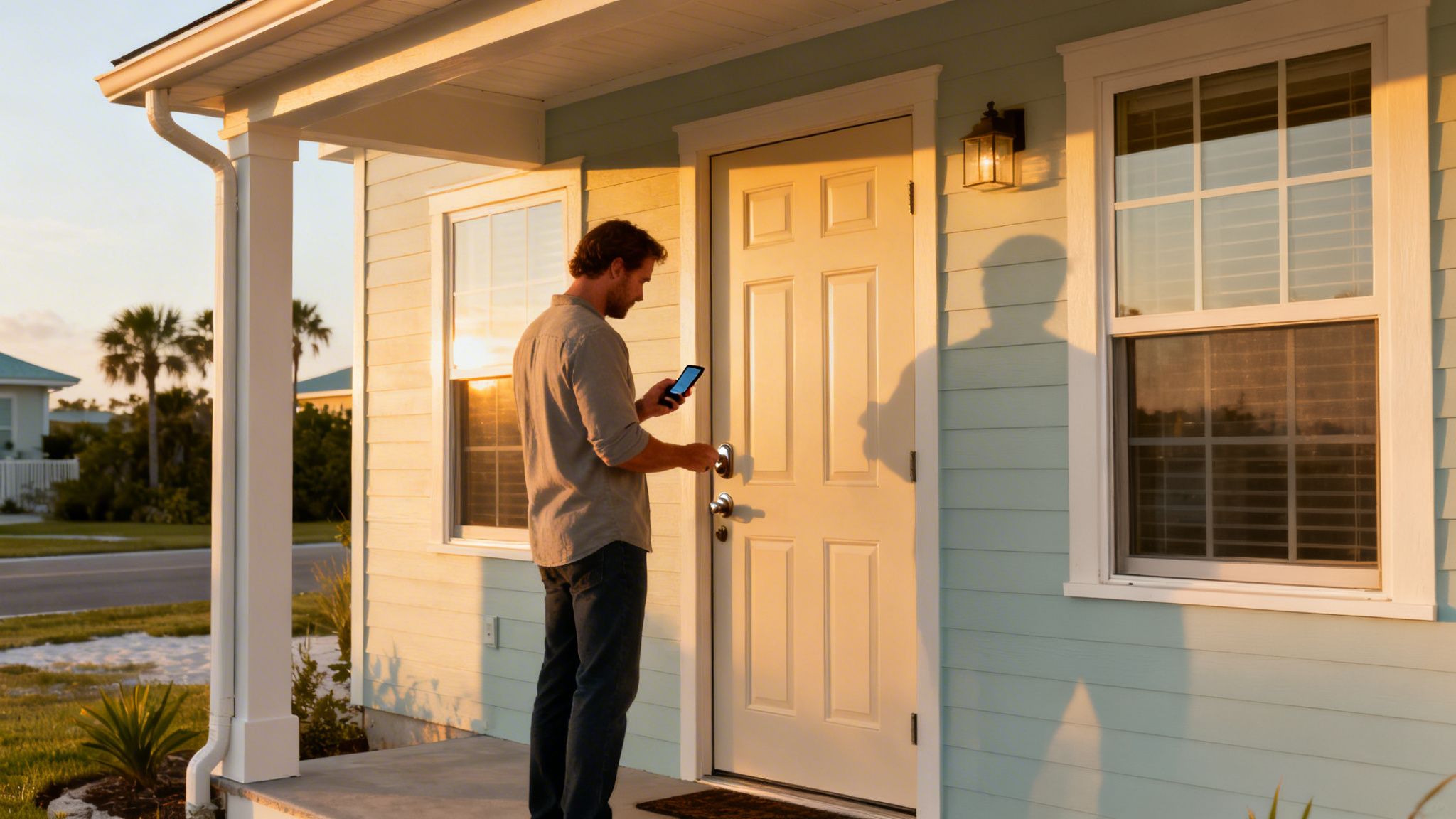 A man using a smartphone to operate a smart lock on a light blue house's front door at sunset.